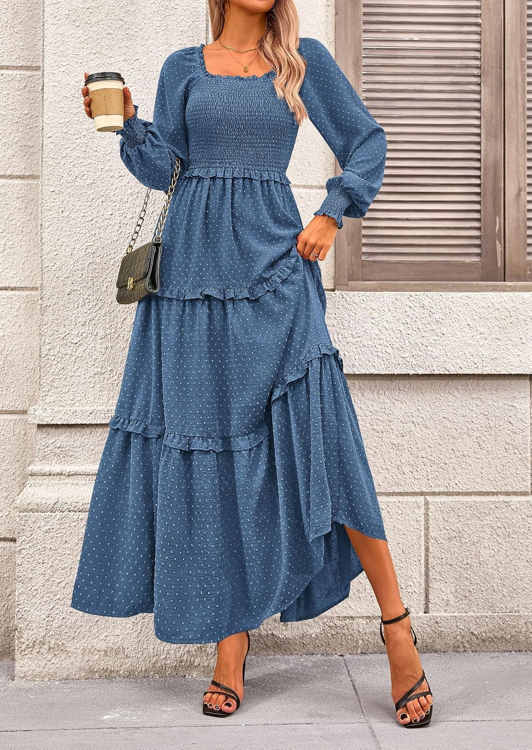 image:imagePRETTYGARDEN Womens Smocked Long Sleeve Maxi Dress Wedding Guest DressesDark Blue