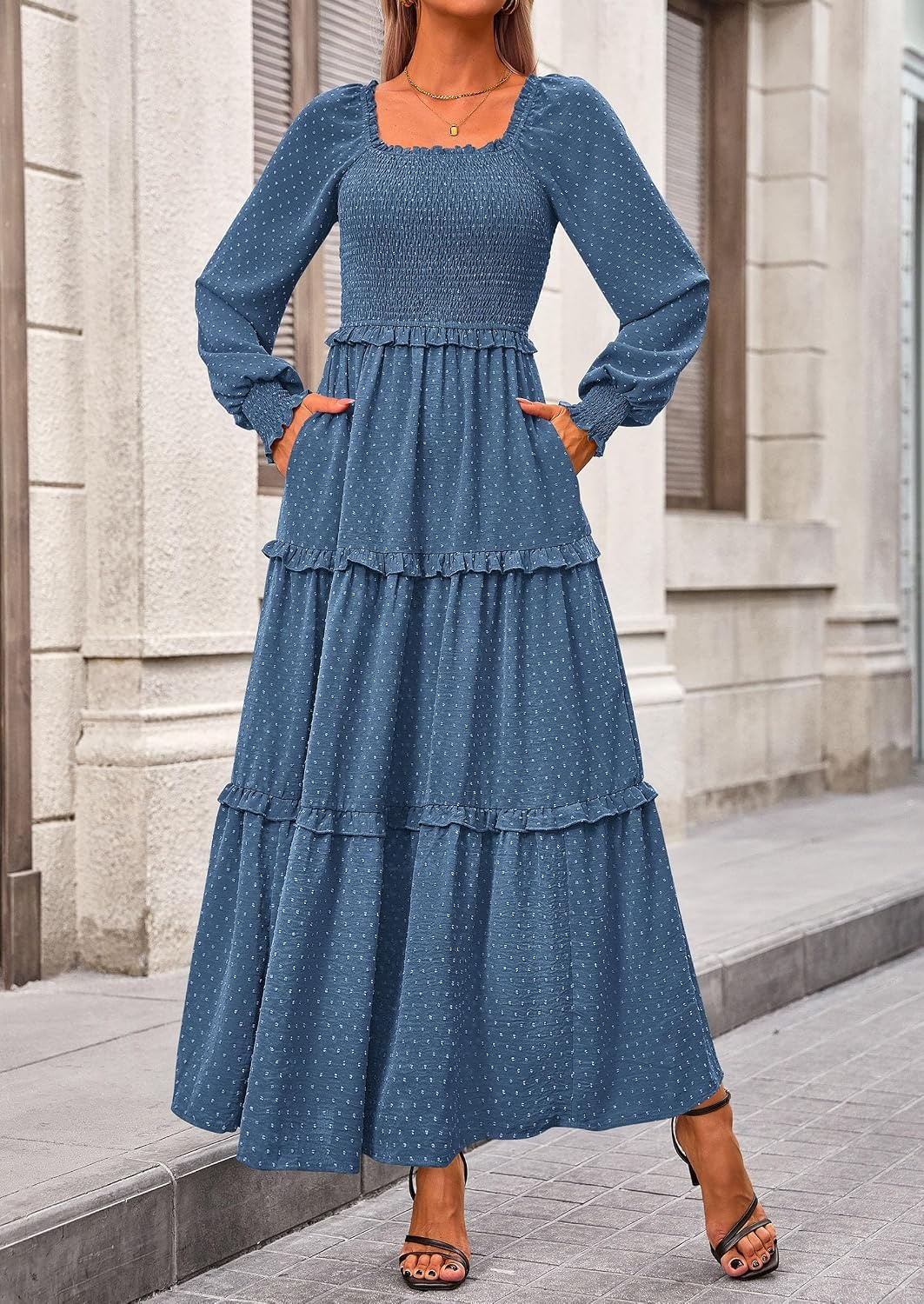 image:imagePRETTYGARDEN Womens Smocked Long Sleeve Maxi Dress Wedding Guest DressesDark Blue