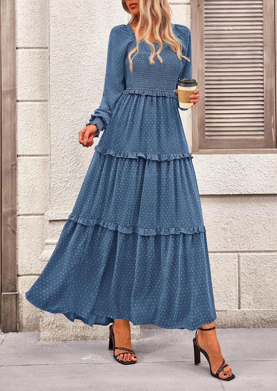 image:imagePRETTYGARDEN Womens Smocked Long Sleeve Maxi Dress Wedding Guest DressesDark Blue