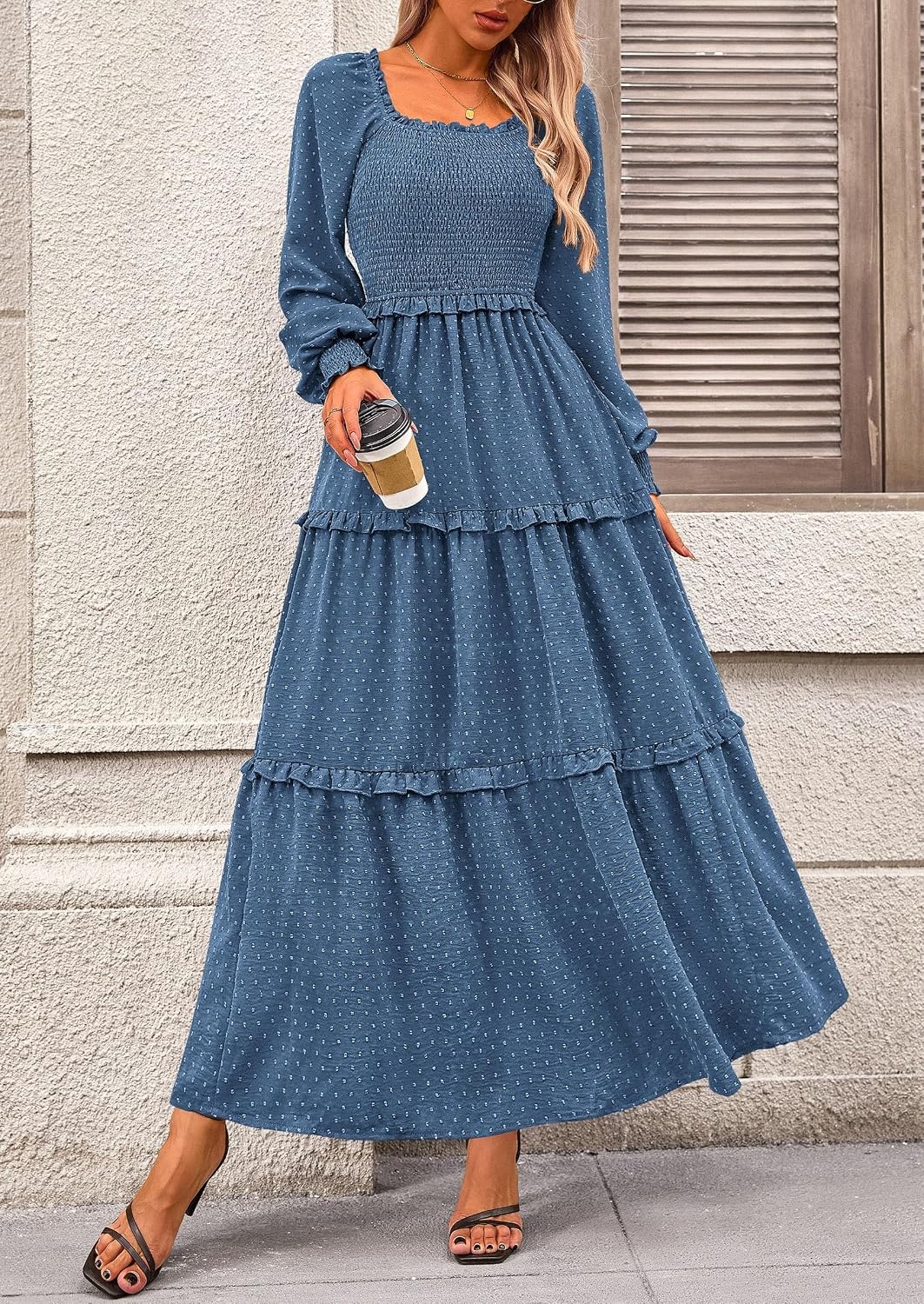 image:imagePRETTYGARDEN Womens Smocked Long Sleeve Maxi Dress Wedding Guest DressesDark Blue