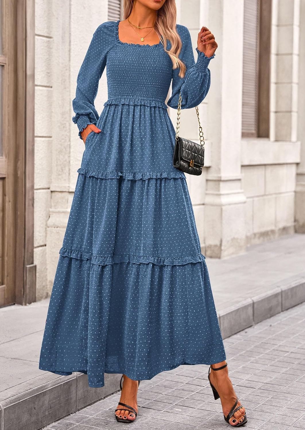 image:imagePRETTYGARDEN Womens Smocked Long Sleeve Maxi Dress Wedding Guest DressesDark Blue