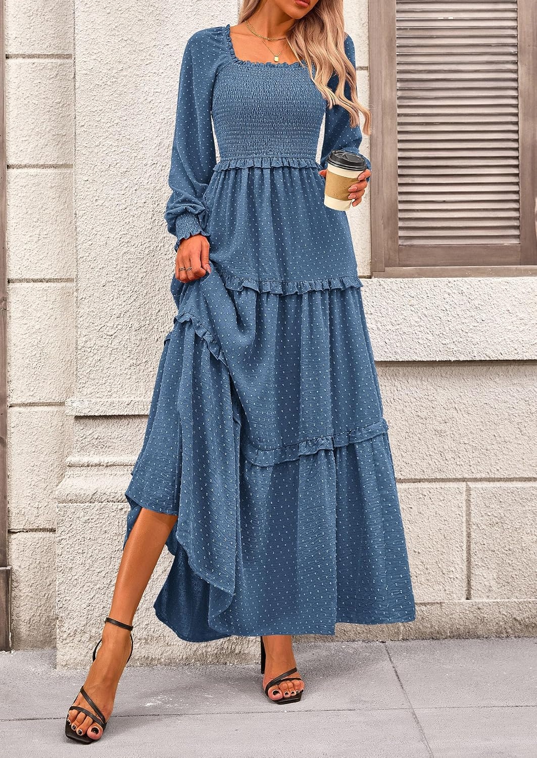 image:imagePRETTYGARDEN Womens Smocked Long Sleeve Maxi Dress Wedding Guest DressesDark Blue