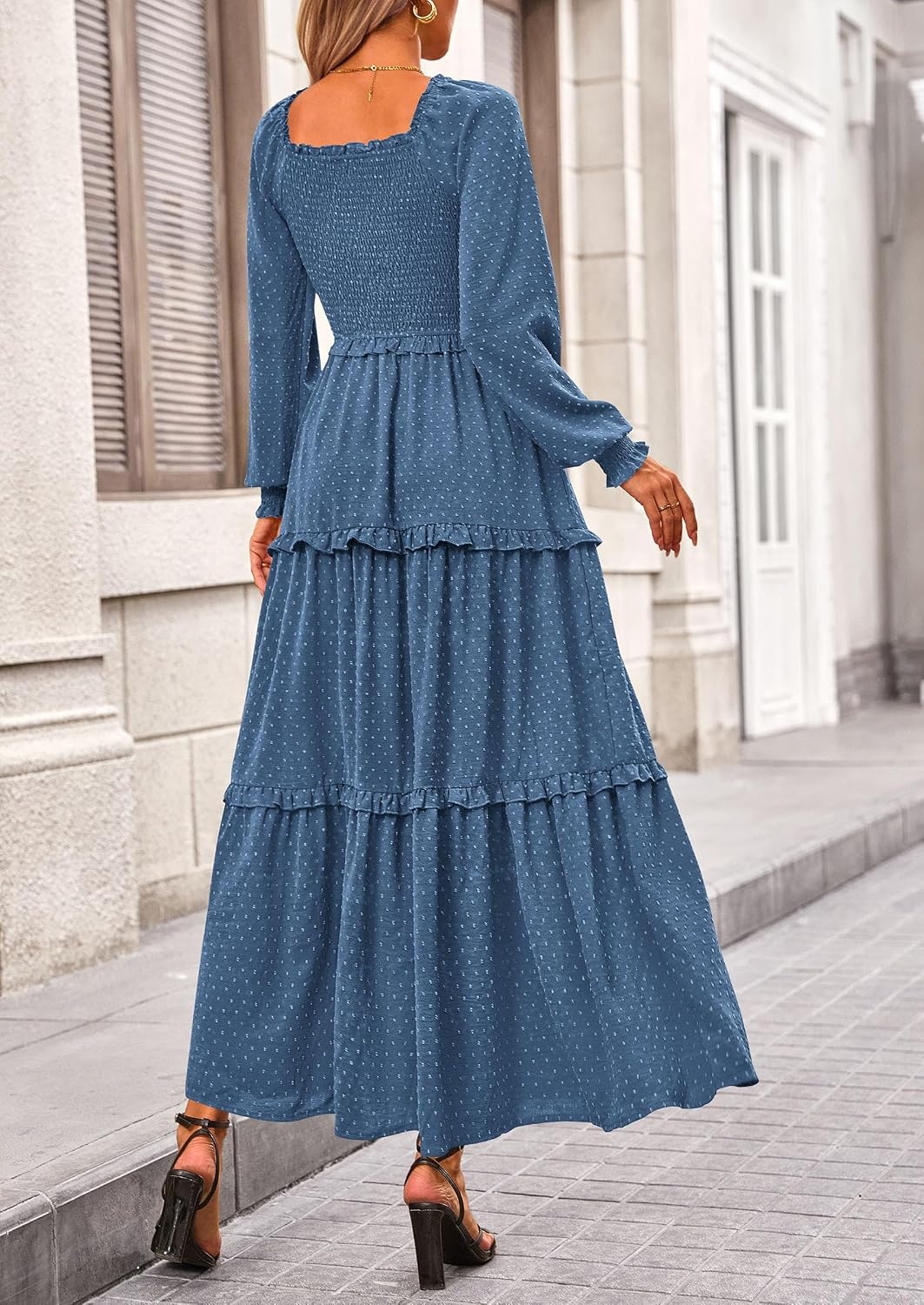 image:imagePRETTYGARDEN Womens Smocked Long Sleeve Maxi Dress Wedding Guest DressesDark Blue
