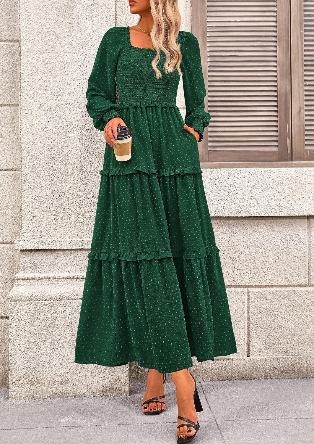 image:imagePRETTYGARDEN Womens Smocked Long Sleeve Maxi Dress Wedding Guest DressesDark Green