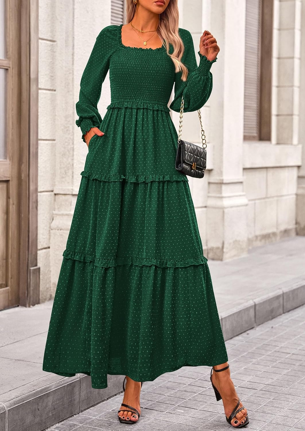 image:imagePRETTYGARDEN Womens Smocked Long Sleeve Maxi Dress Wedding Guest DressesDark Green