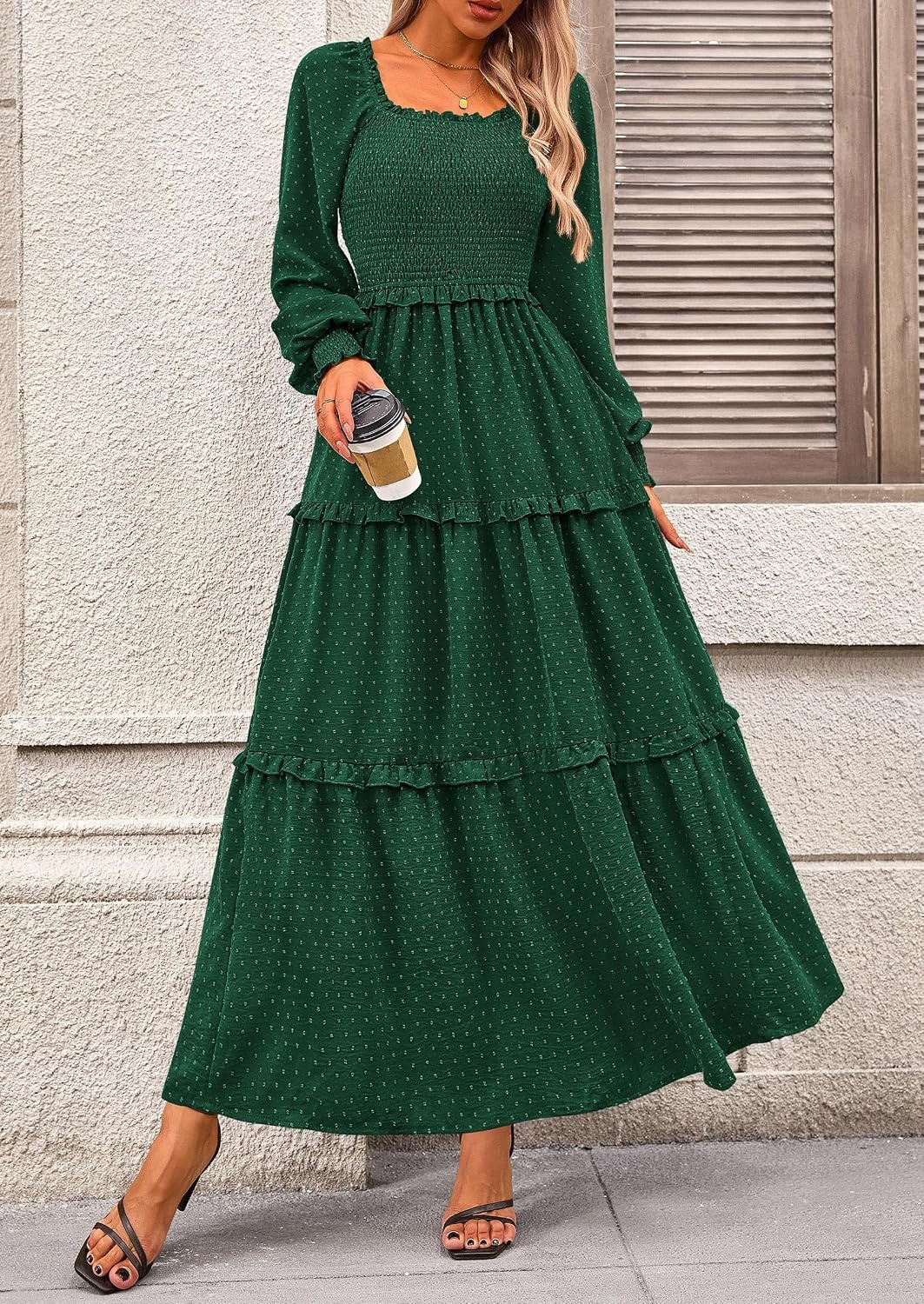 image:imagePRETTYGARDEN Womens Smocked Long Sleeve Maxi Dress Wedding Guest DressesDark Green