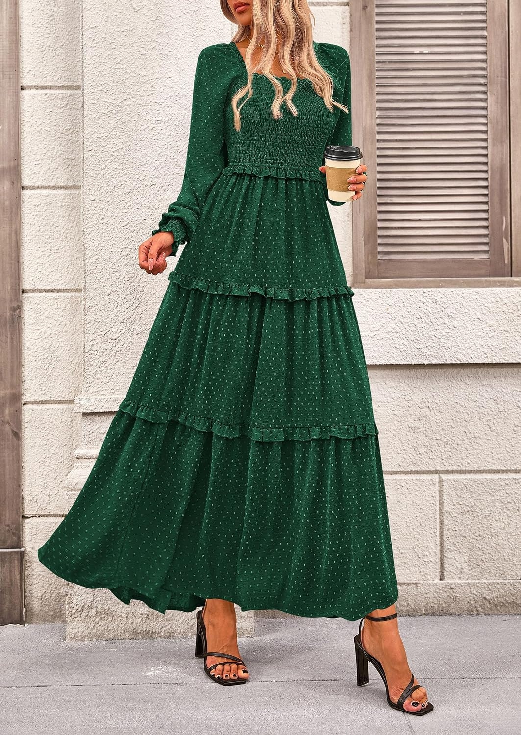image:imagePRETTYGARDEN Womens Smocked Long Sleeve Maxi Dress Wedding Guest DressesDark Green