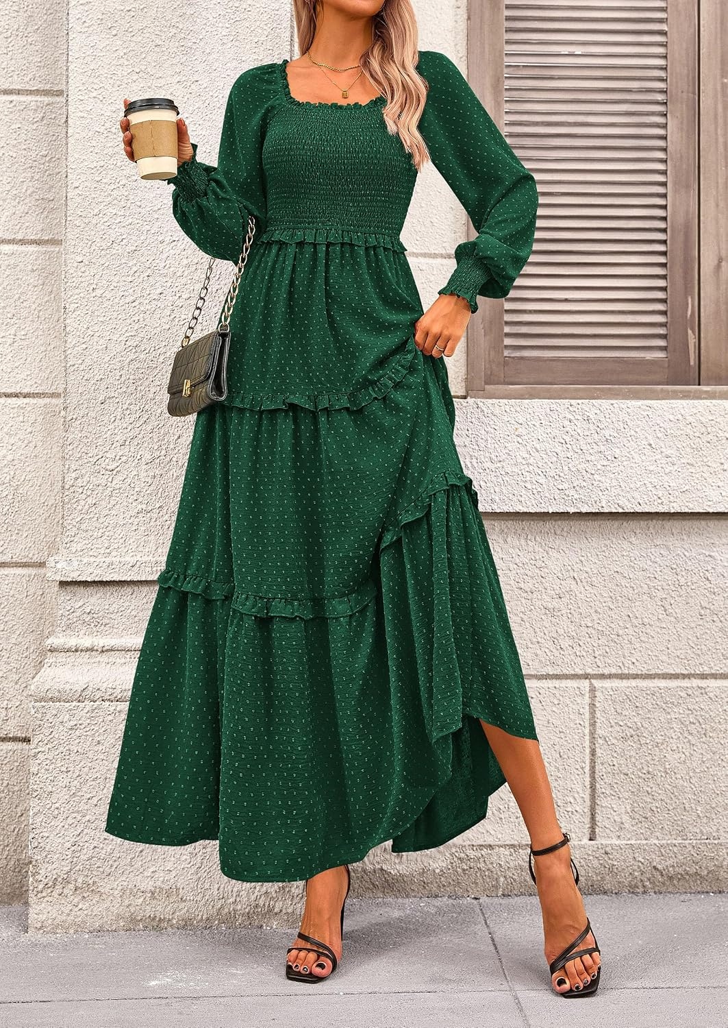 image:imagePRETTYGARDEN Womens Smocked Long Sleeve Maxi Dress Wedding Guest DressesDark Green