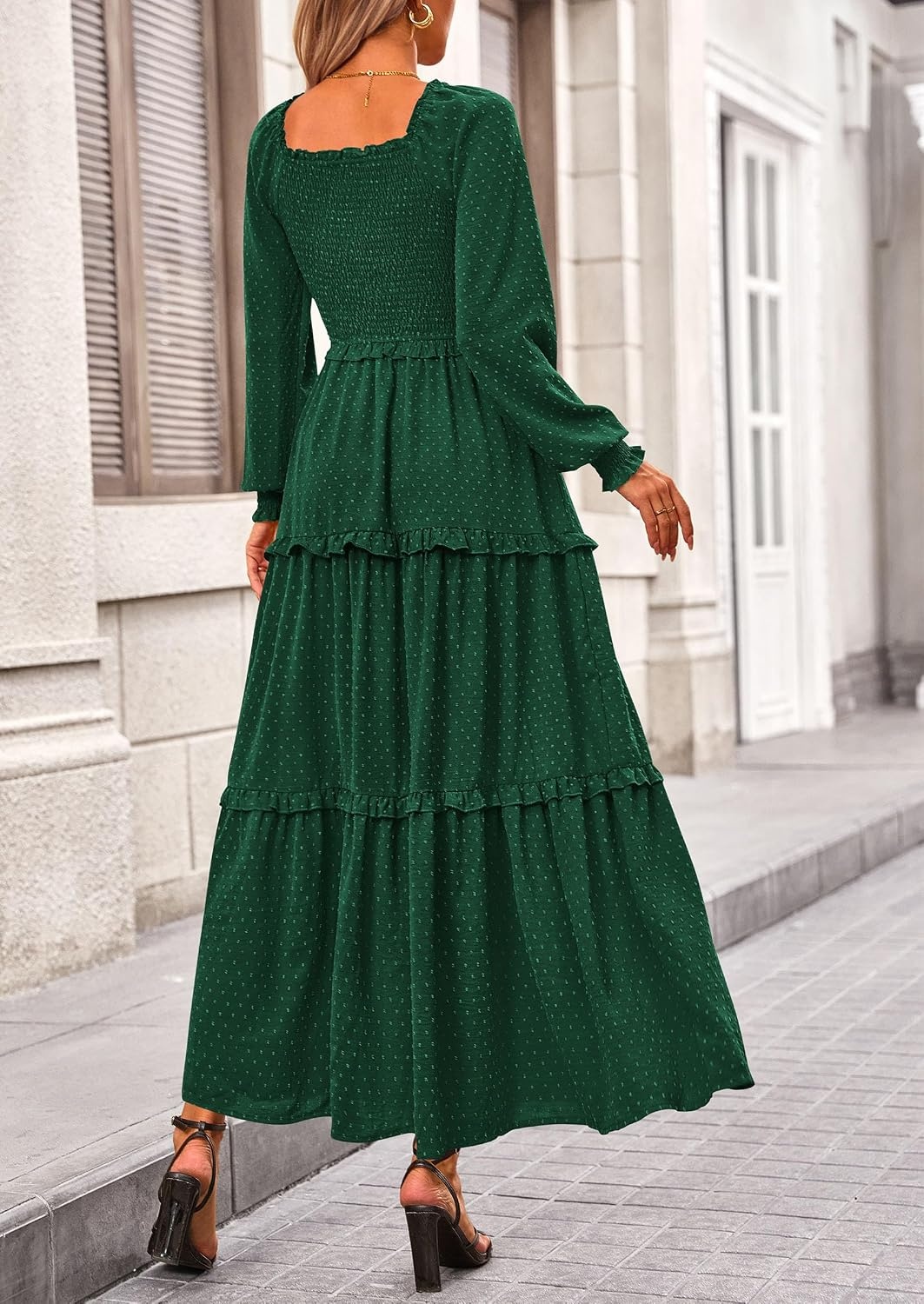 image:imagePRETTYGARDEN Womens Smocked Long Sleeve Maxi Dress Wedding Guest DressesDark Green