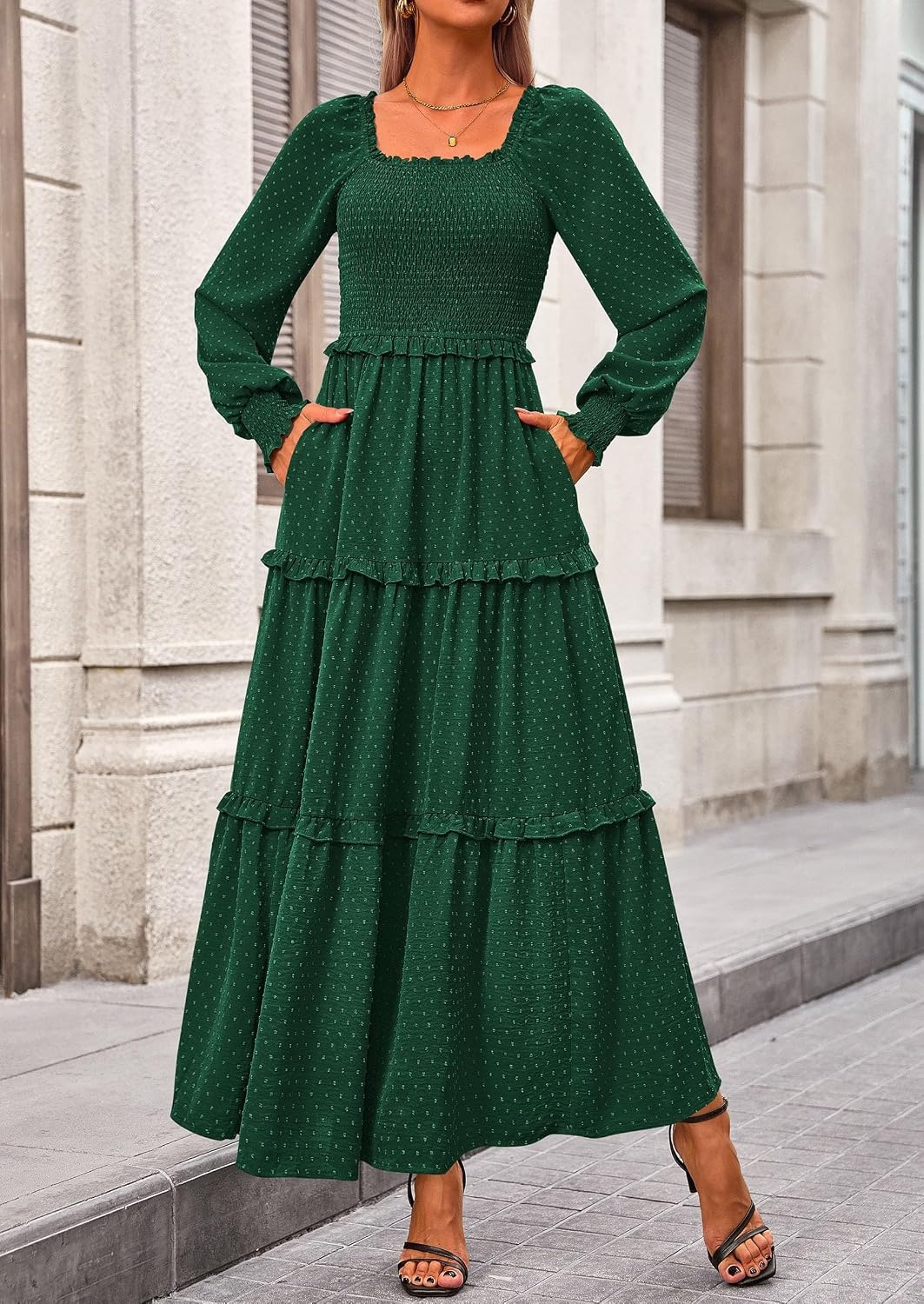 image:imagePRETTYGARDEN Womens Smocked Long Sleeve Maxi Dress Wedding Guest DressesDark Green