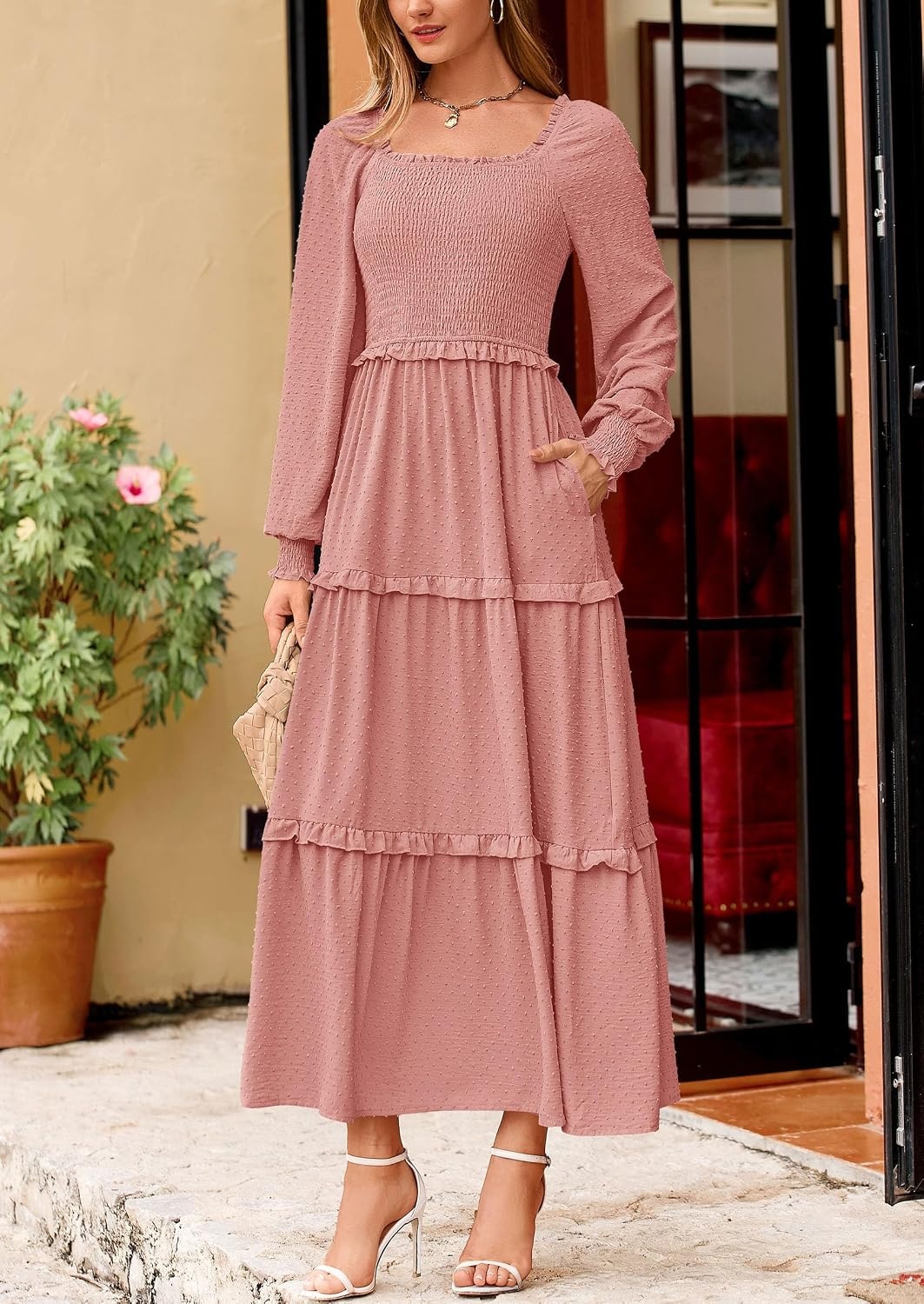 image:imagePRETTYGARDEN Womens Smocked Long Sleeve Maxi Dress Wedding Guest DressesDusty Pink