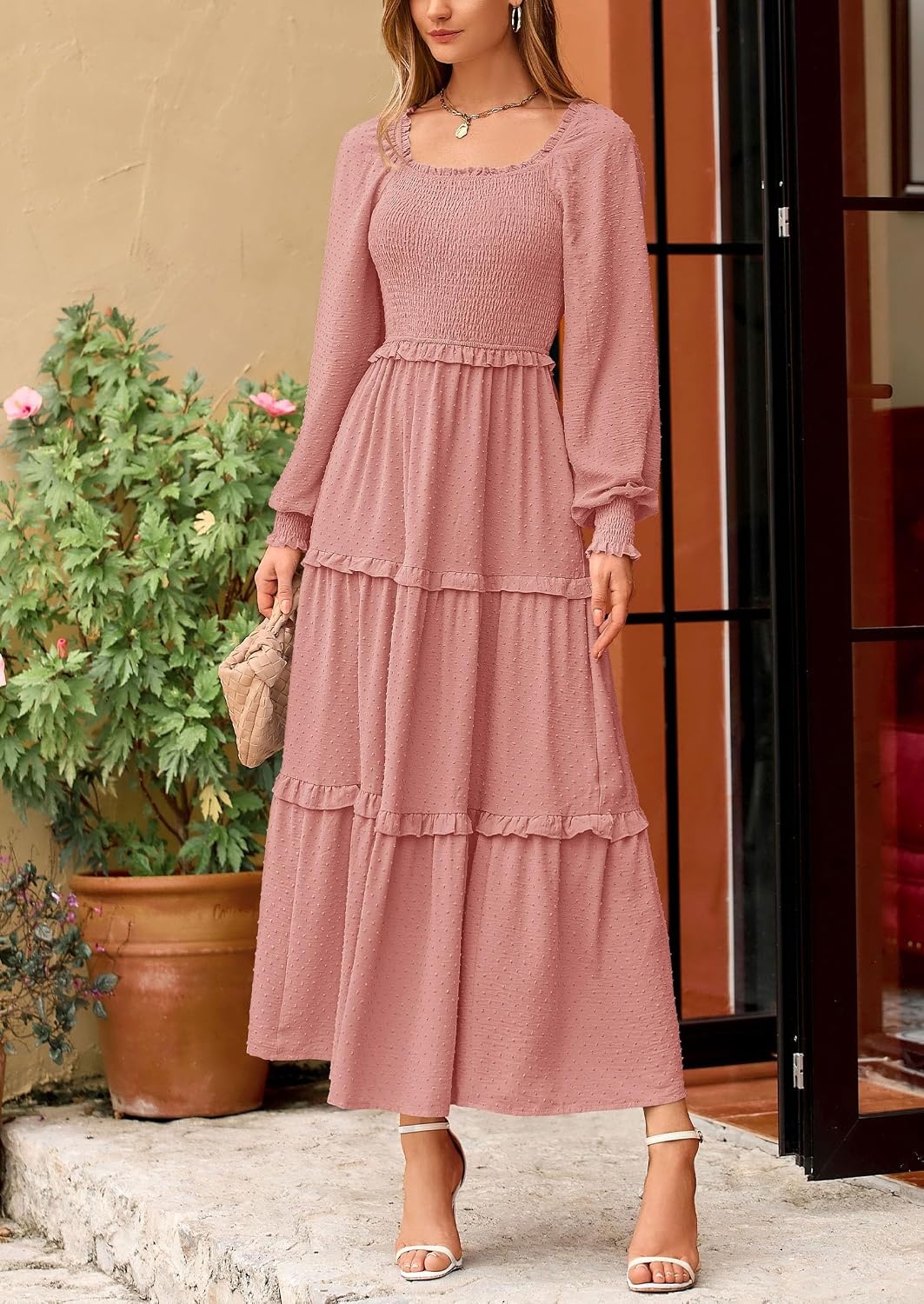 image:imagePRETTYGARDEN Womens Smocked Long Sleeve Maxi Dress Wedding Guest DressesDusty Pink