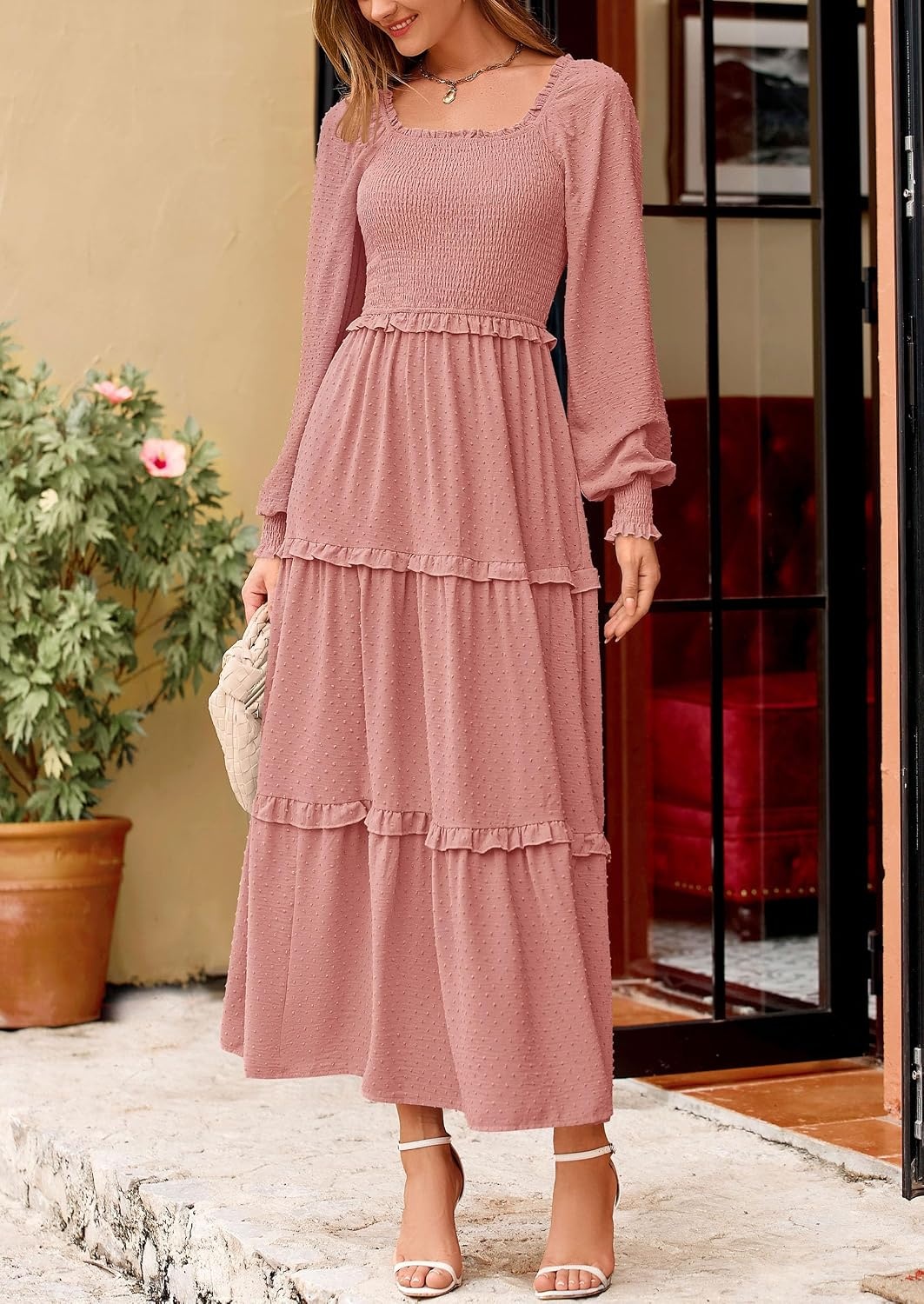image:imagePRETTYGARDEN Womens Smocked Long Sleeve Maxi Dress Wedding Guest DressesDusty Pink