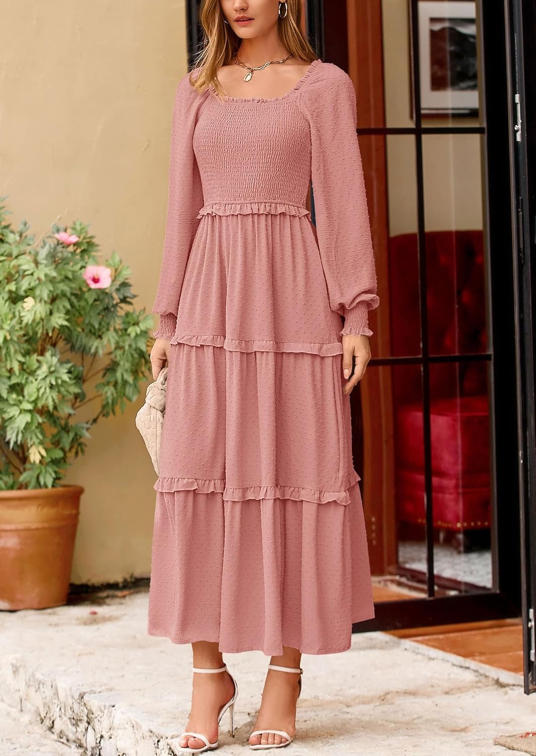 image:imagePRETTYGARDEN Womens Smocked Long Sleeve Maxi Dress Wedding Guest DressesDusty Pink