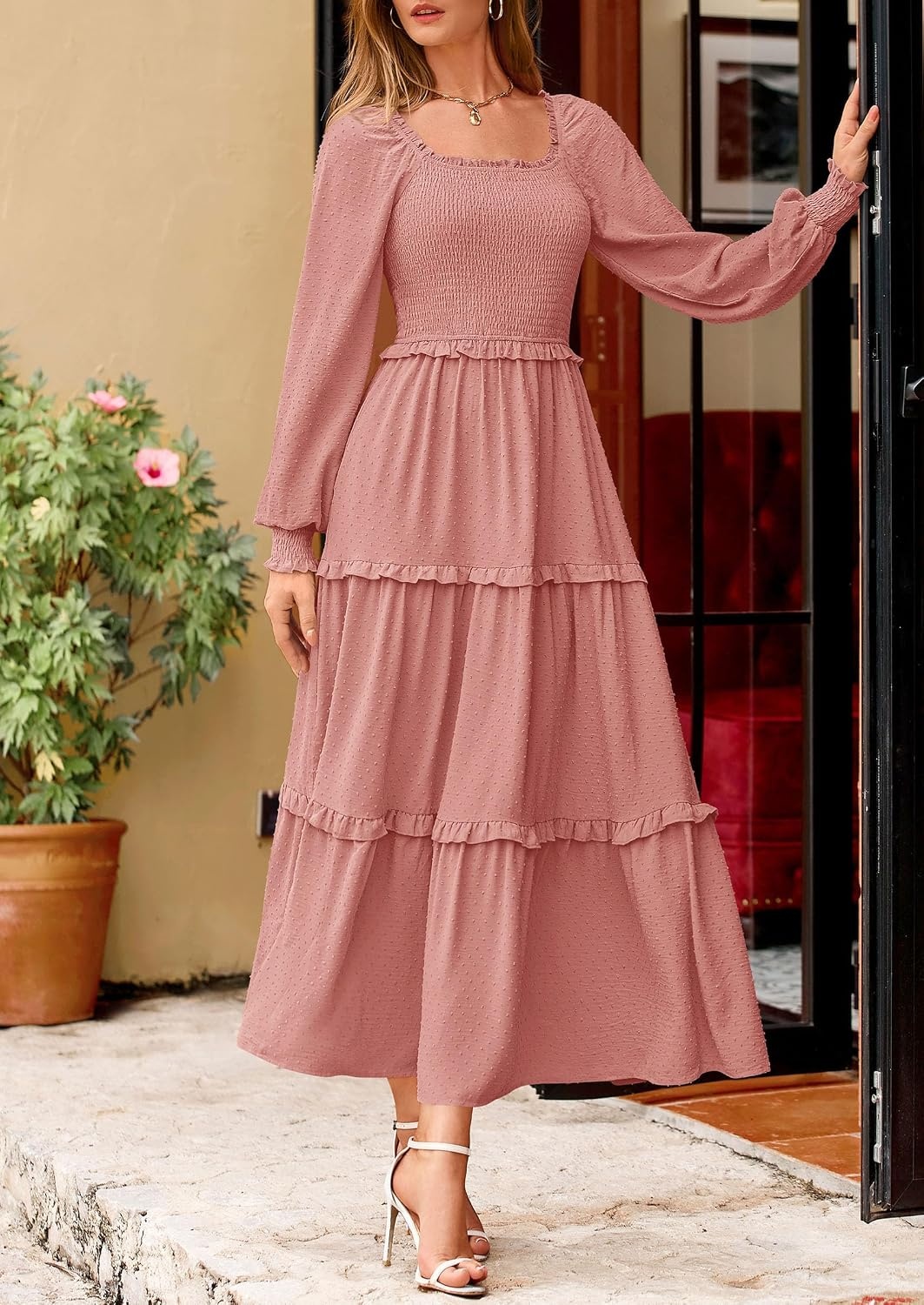 image:imagePRETTYGARDEN Womens Smocked Long Sleeve Maxi Dress Wedding Guest DressesDusty Pink
