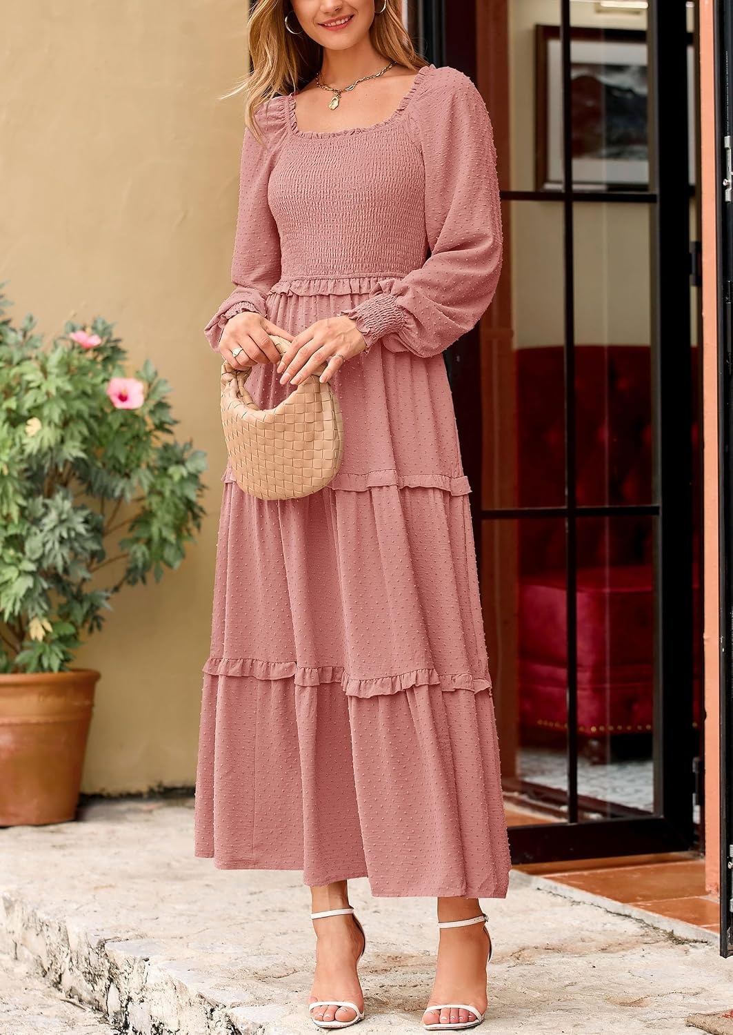 image:imagePRETTYGARDEN Womens Smocked Long Sleeve Maxi Dress Wedding Guest DressesDusty Pink
