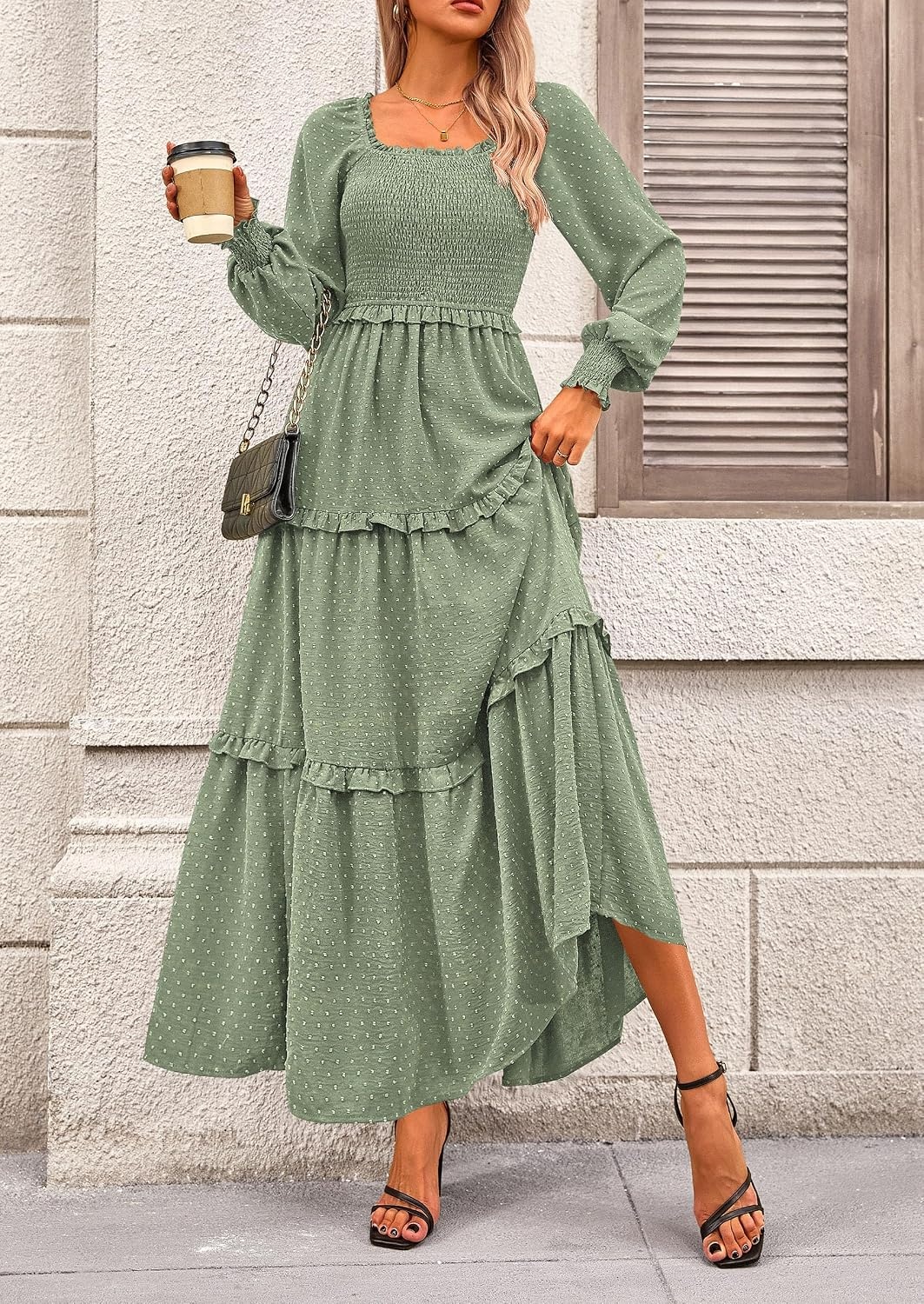 image:imagePRETTYGARDEN Womens Smocked Long Sleeve Maxi Dress Wedding Guest DressesGrey Green