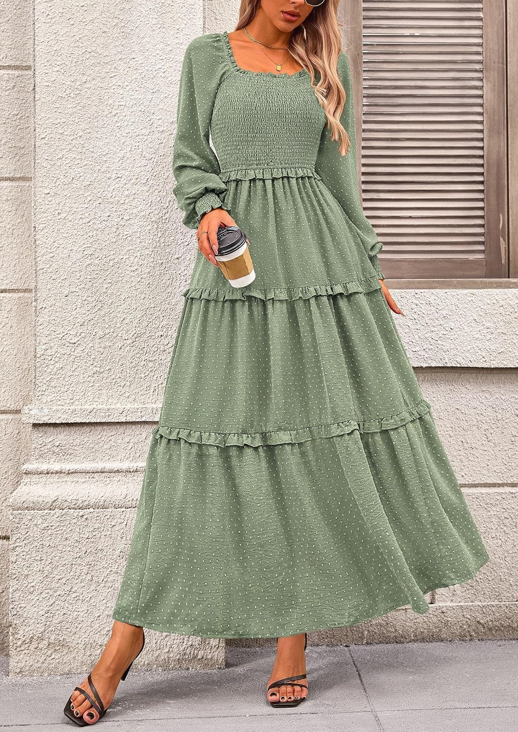 image:imagePRETTYGARDEN Womens Smocked Long Sleeve Maxi Dress Wedding Guest DressesGrey Green