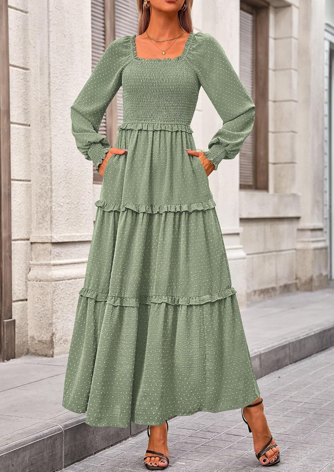image:imagePRETTYGARDEN Womens Smocked Long Sleeve Maxi Dress Wedding Guest DressesGrey Green
