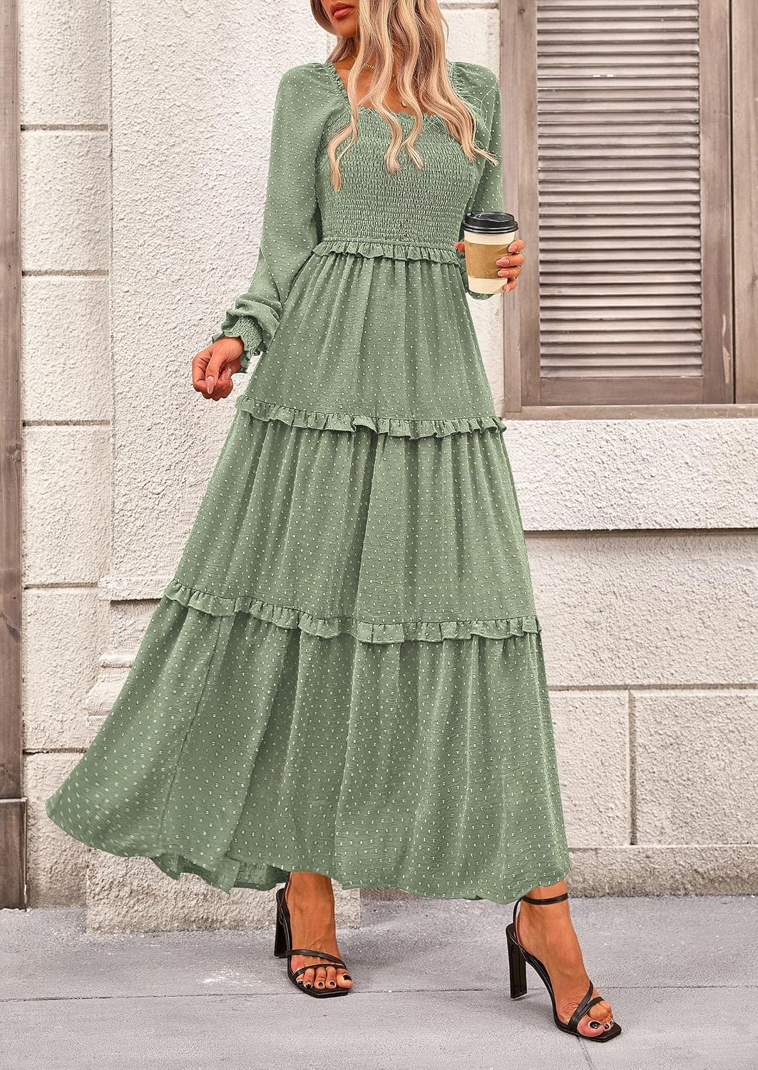 image:imagePRETTYGARDEN Womens Smocked Long Sleeve Maxi Dress Wedding Guest DressesGrey Green