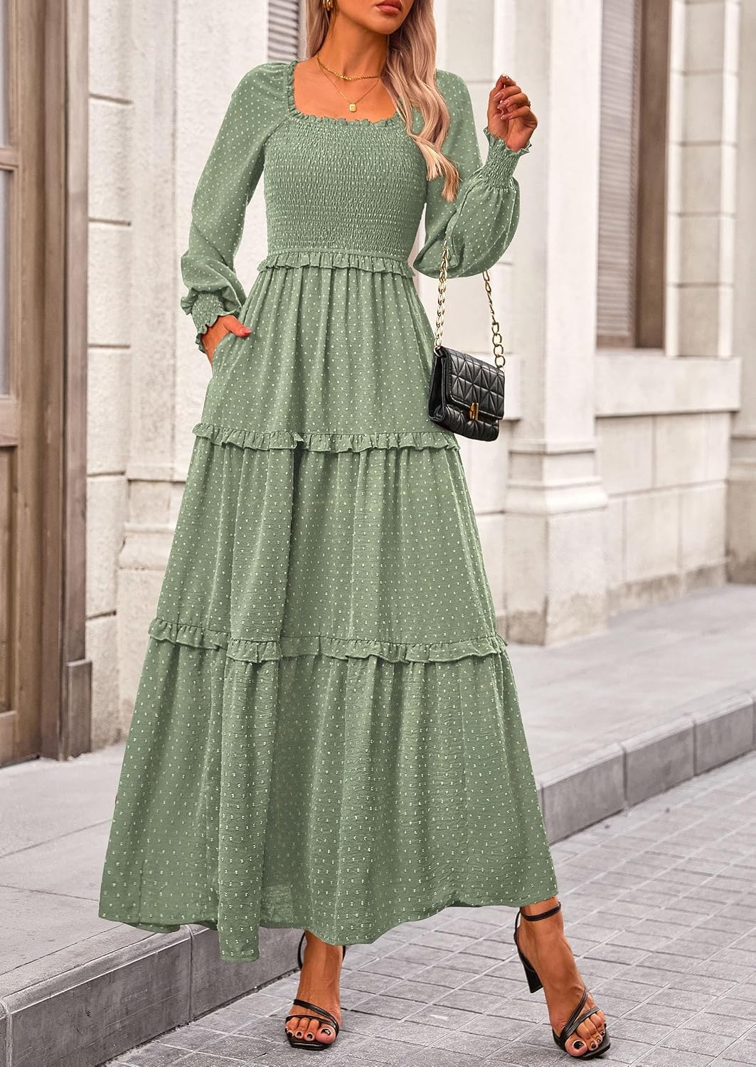 image:imagePRETTYGARDEN Womens Smocked Long Sleeve Maxi Dress Wedding Guest DressesGrey Green
