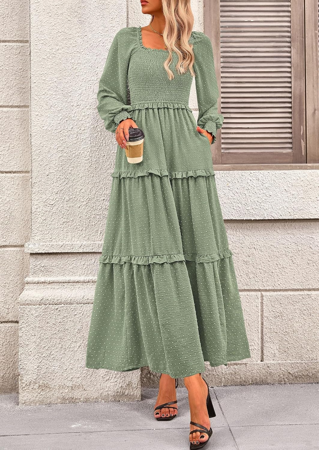 image:imagePRETTYGARDEN Womens Smocked Long Sleeve Maxi Dress Wedding Guest DressesGrey Green