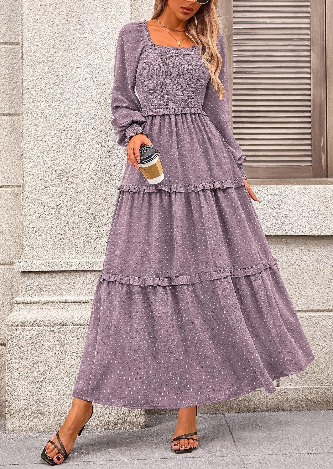 image:imagePRETTYGARDEN Womens Smocked Long Sleeve Maxi Dress Wedding Guest DressesGrey Purple