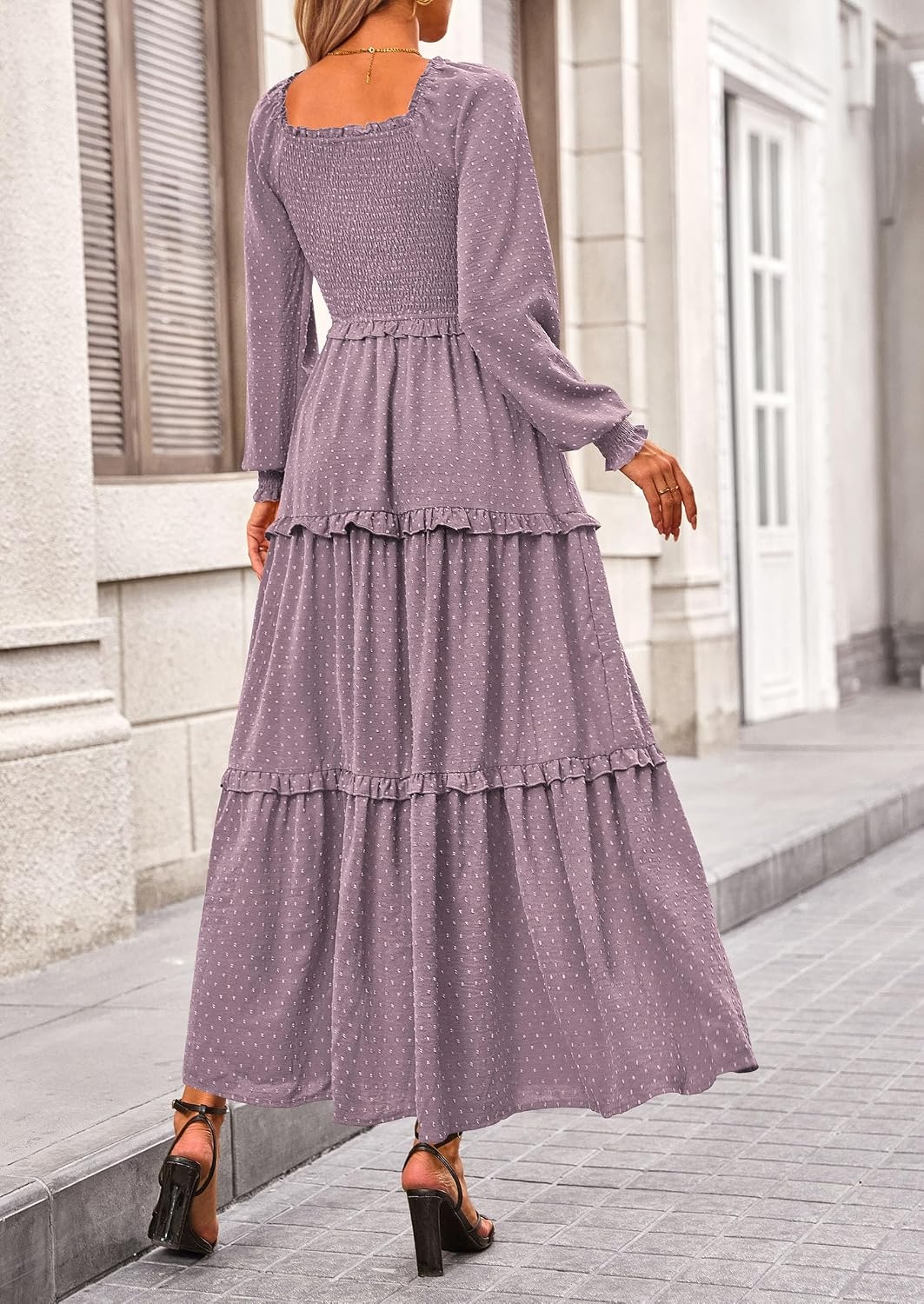 image:imagePRETTYGARDEN Womens Smocked Long Sleeve Maxi Dress Wedding Guest DressesGrey Purple