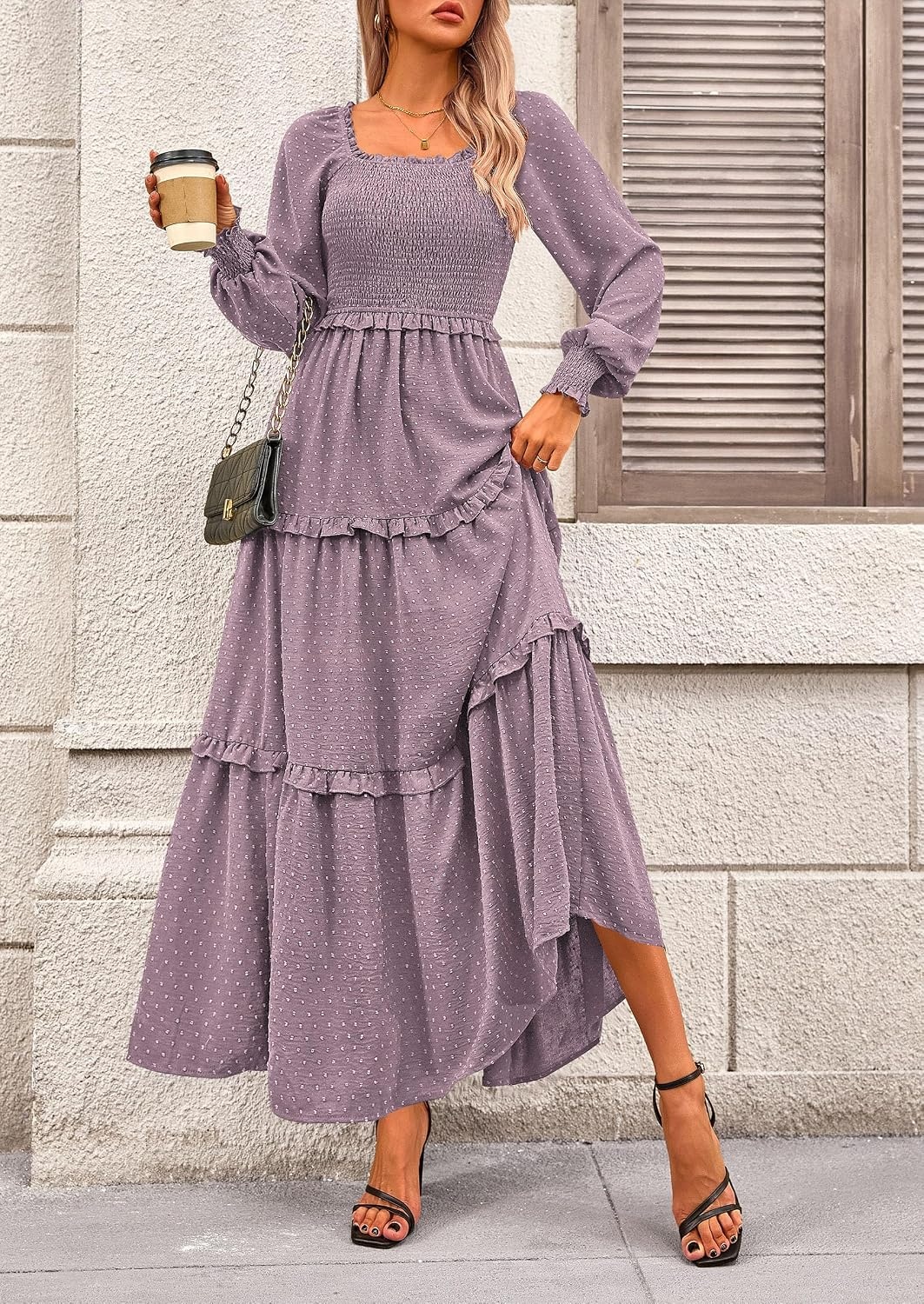 image:imagePRETTYGARDEN Womens Smocked Long Sleeve Maxi Dress Wedding Guest DressesGrey Purple