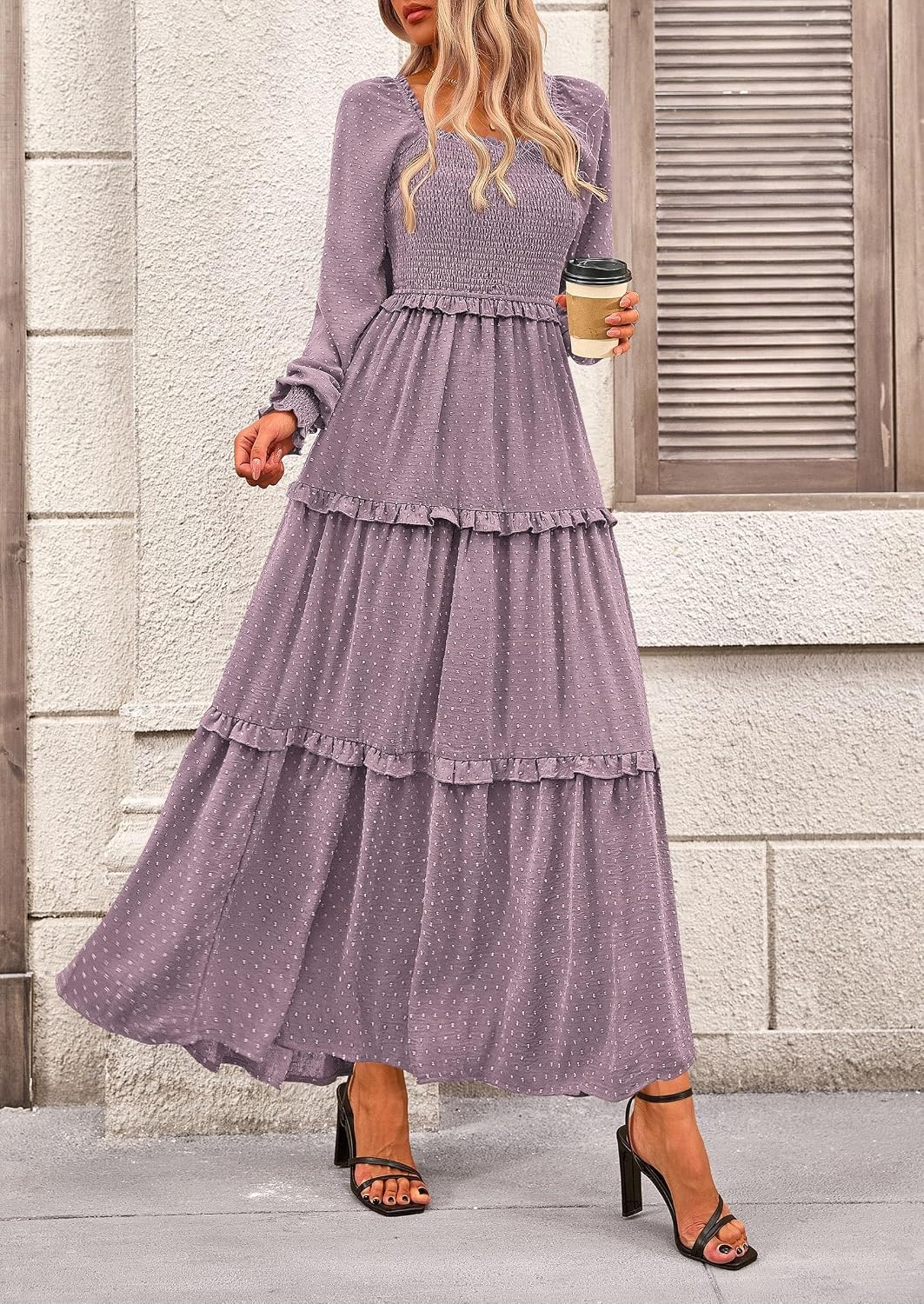 image:imagePRETTYGARDEN Womens Smocked Long Sleeve Maxi Dress Wedding Guest DressesGrey Purple