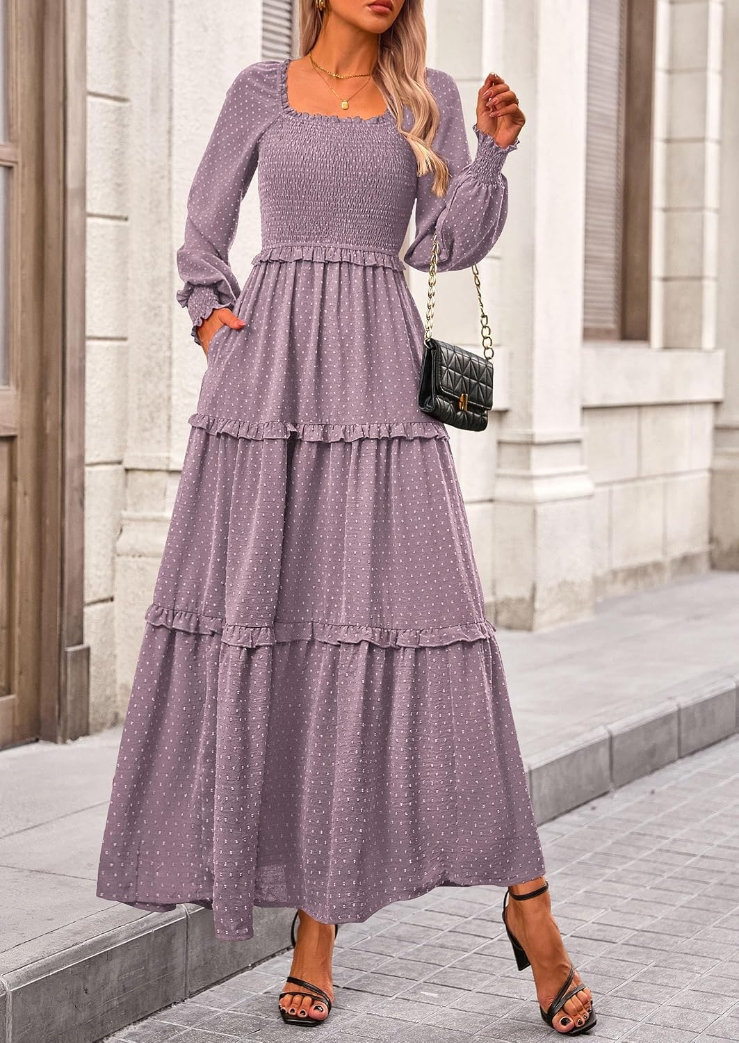 image:imagePRETTYGARDEN Womens Smocked Long Sleeve Maxi Dress Wedding Guest DressesGrey Purple