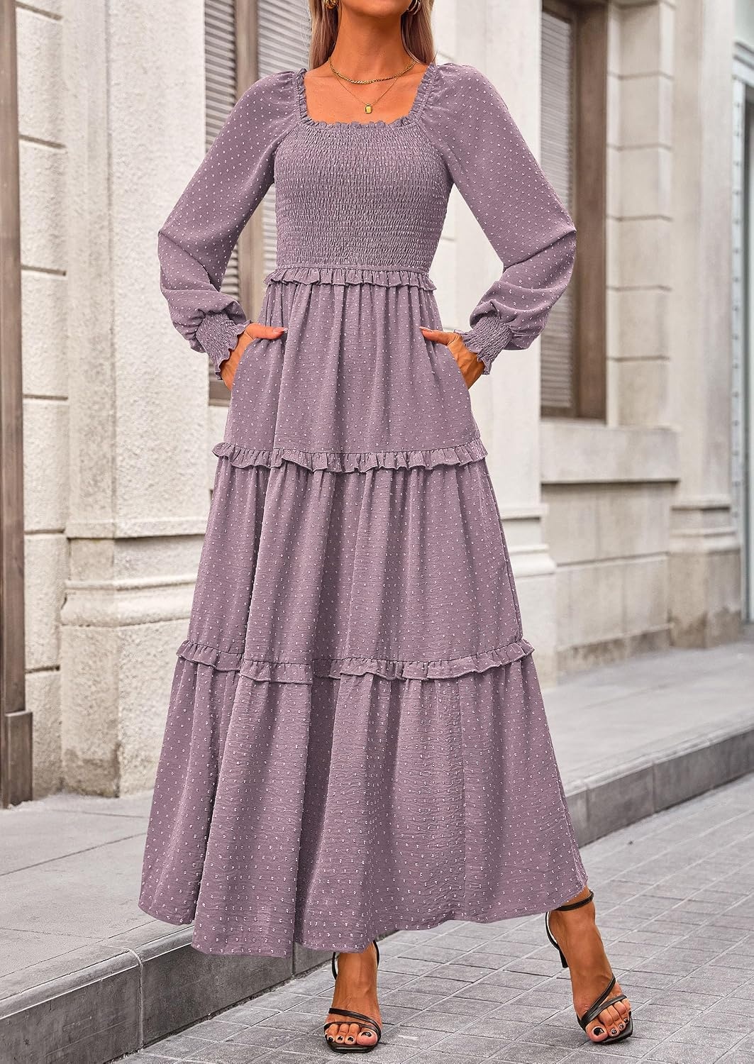 image:imagePRETTYGARDEN Womens Smocked Long Sleeve Maxi Dress Wedding Guest DressesGrey Purple
