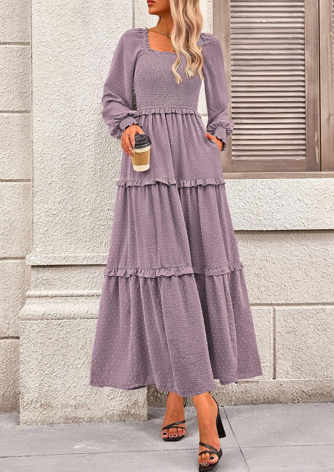 image:imagePRETTYGARDEN Womens Smocked Long Sleeve Maxi Dress Wedding Guest DressesGrey Purple