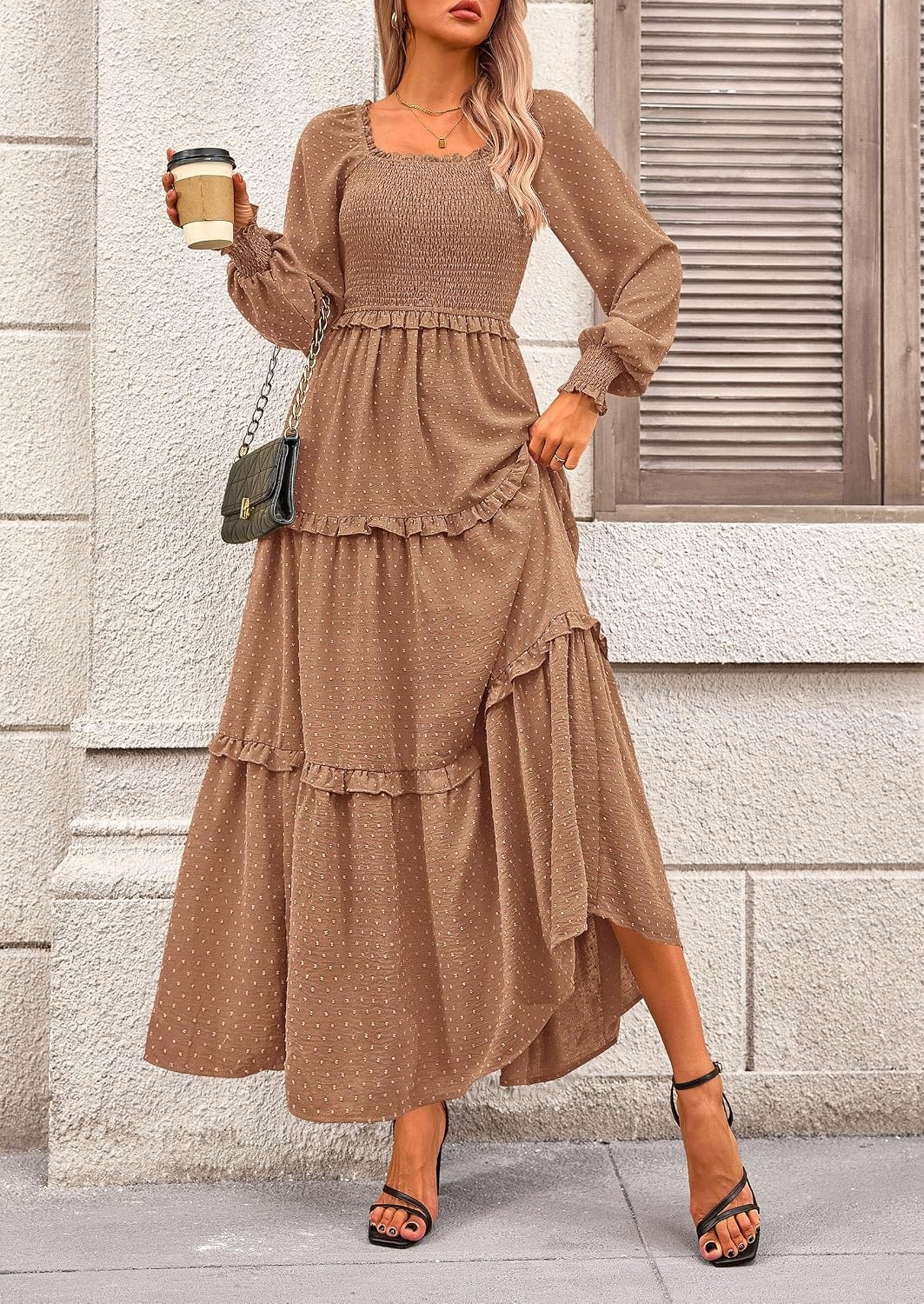 image:imagePRETTYGARDEN Womens Smocked Long Sleeve Maxi Dress Wedding Guest DressesKhaki