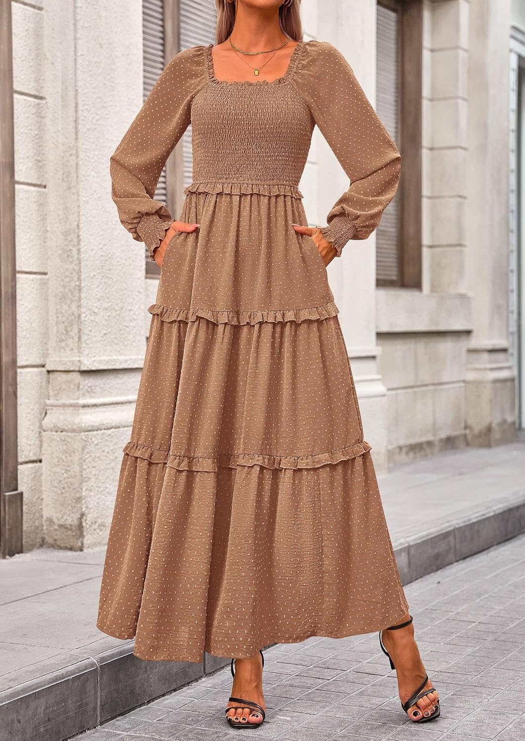 image:imagePRETTYGARDEN Womens Smocked Long Sleeve Maxi Dress Wedding Guest DressesKhaki