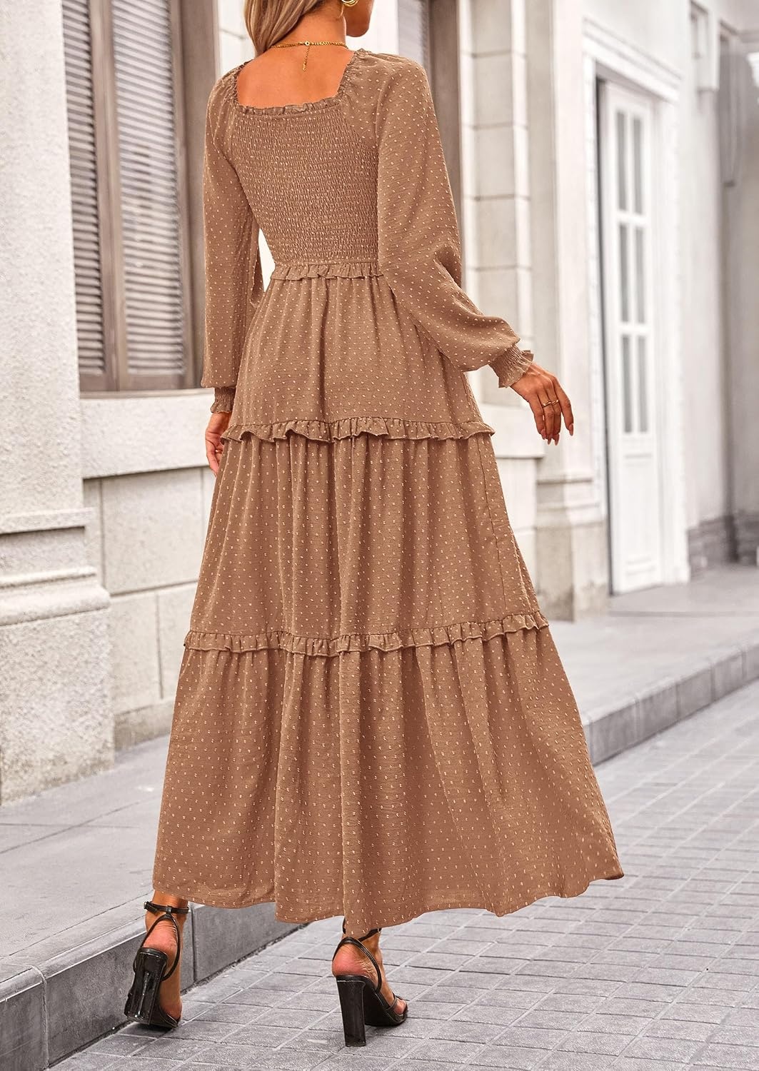 image:imagePRETTYGARDEN Womens Smocked Long Sleeve Maxi Dress Wedding Guest DressesKhaki