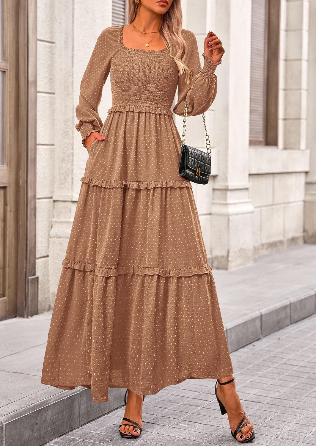image:imagePRETTYGARDEN Womens Smocked Long Sleeve Maxi Dress Wedding Guest DressesKhaki