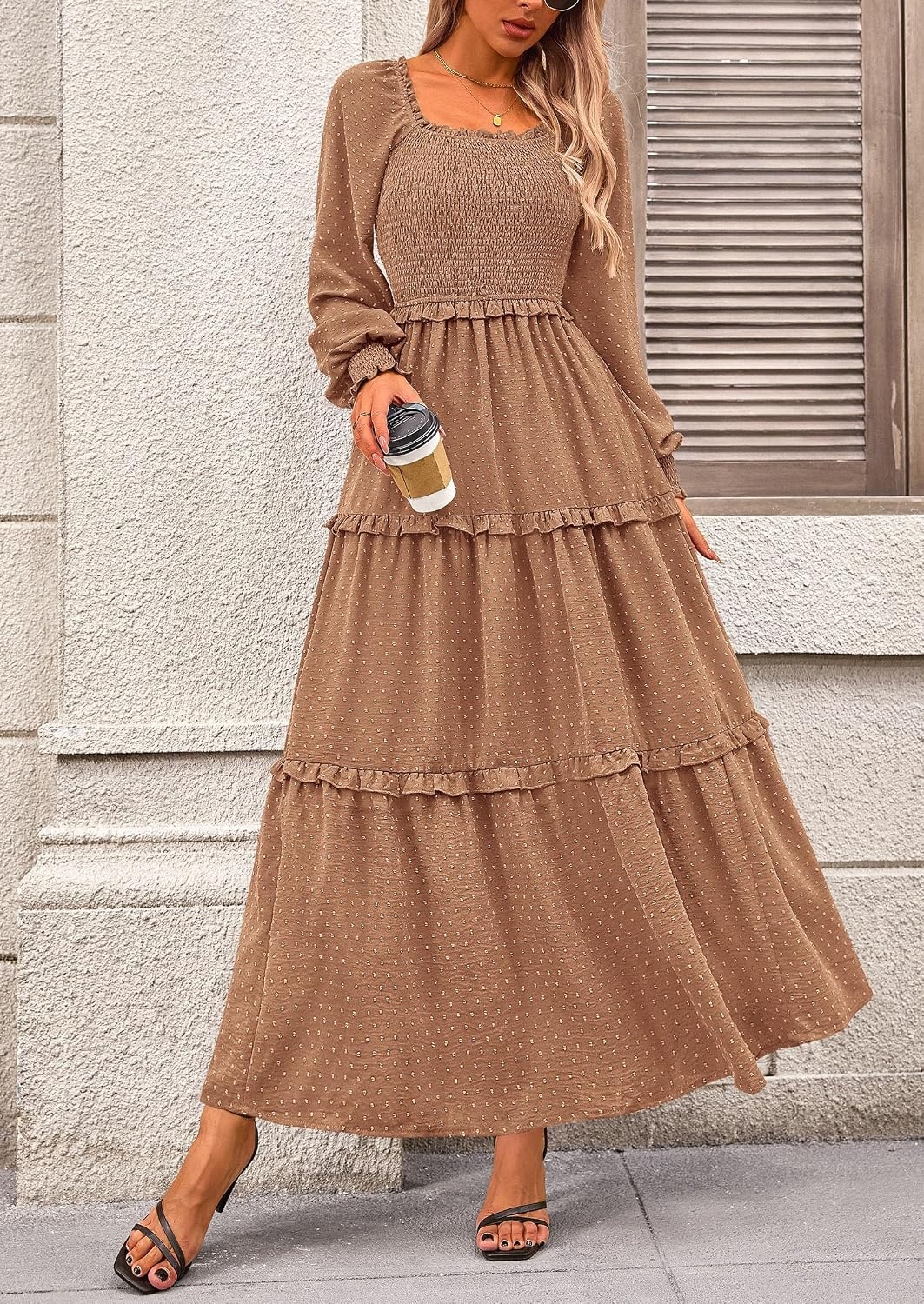 image:imagePRETTYGARDEN Womens Smocked Long Sleeve Maxi Dress Wedding Guest DressesKhaki