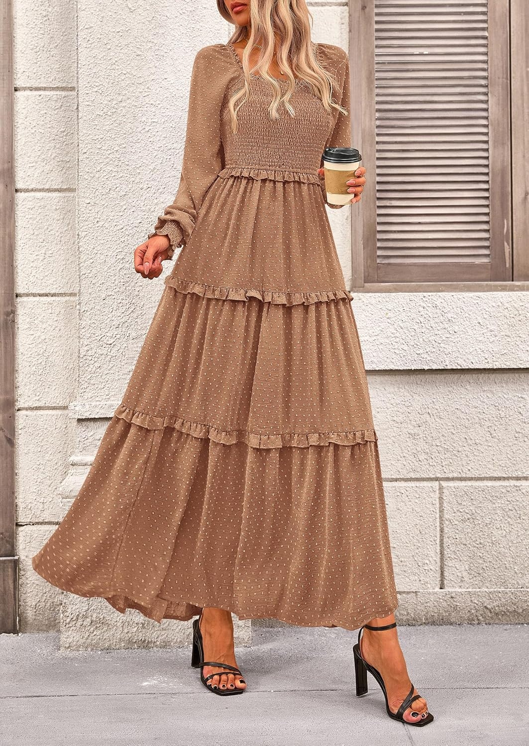 image:imagePRETTYGARDEN Womens Smocked Long Sleeve Maxi Dress Wedding Guest DressesKhaki