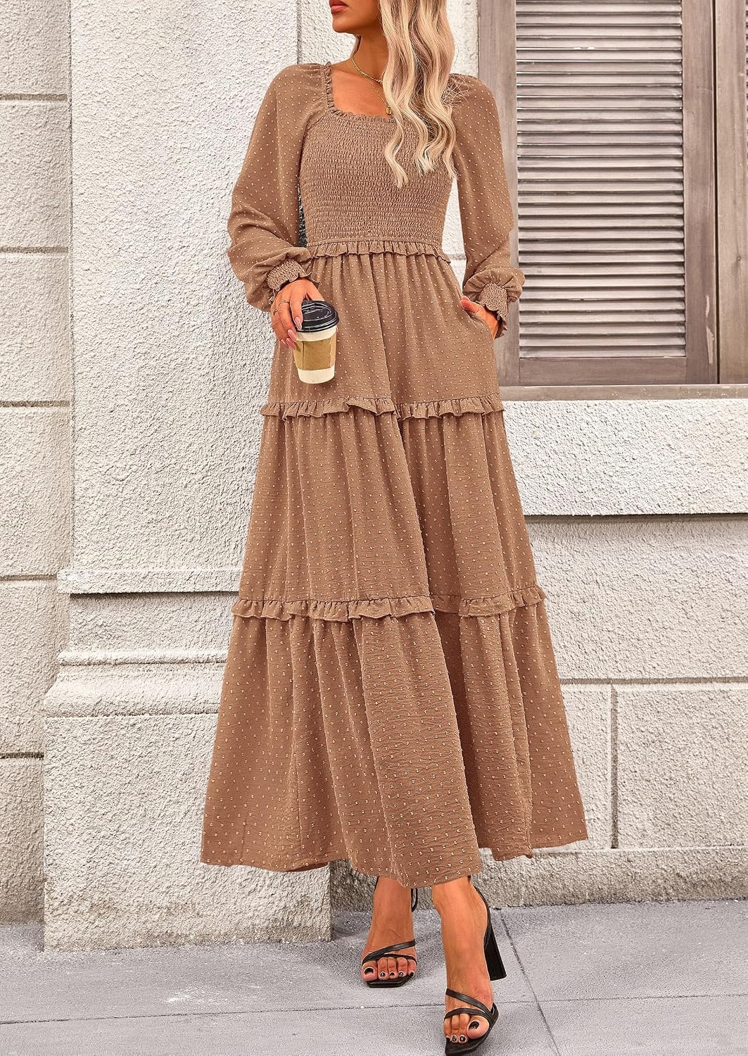 image:imagePRETTYGARDEN Womens Smocked Long Sleeve Maxi Dress Wedding Guest DressesKhaki