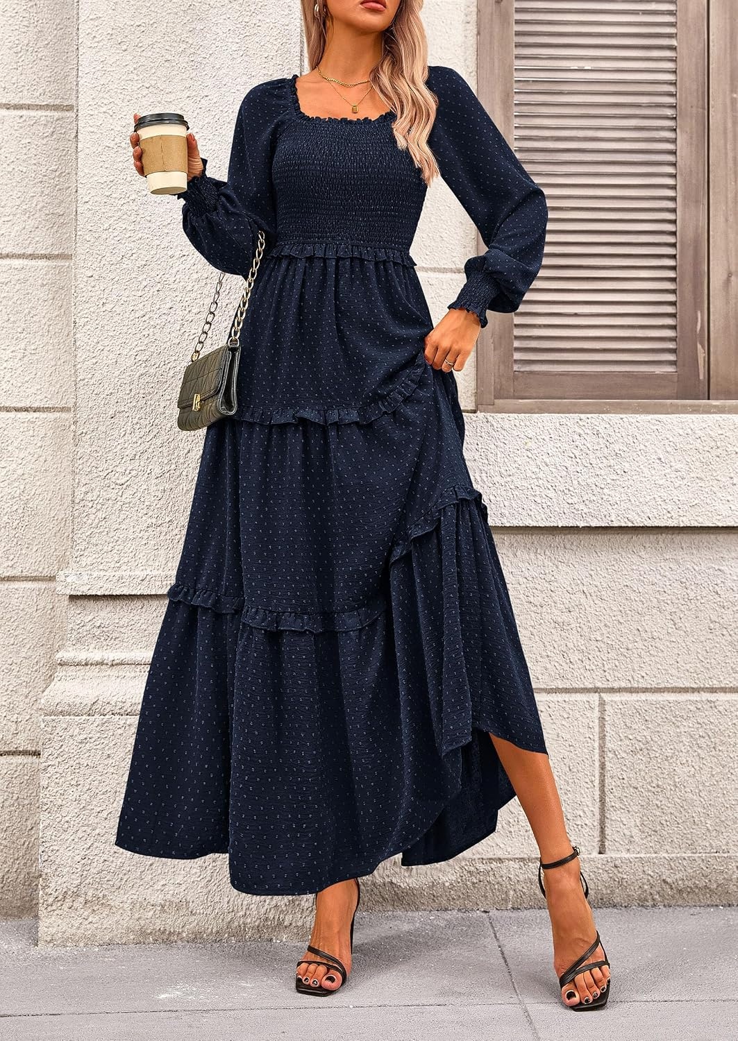 image:imagePRETTYGARDEN Womens Smocked Long Sleeve Maxi Dress Wedding Guest DressesNavy