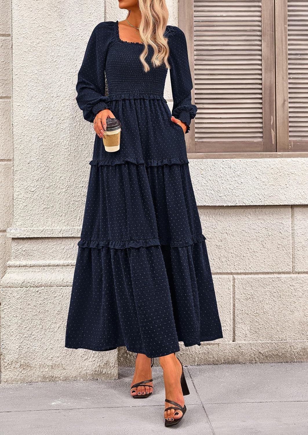 image:imagePRETTYGARDEN Womens Smocked Long Sleeve Maxi Dress Wedding Guest DressesNavy