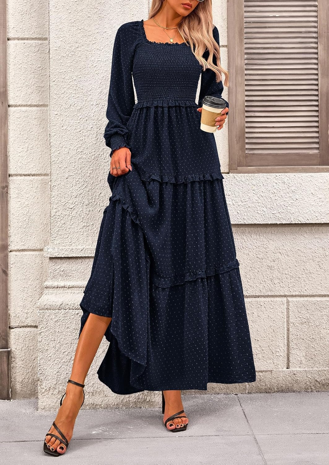image:imagePRETTYGARDEN Womens Smocked Long Sleeve Maxi Dress Wedding Guest DressesNavy