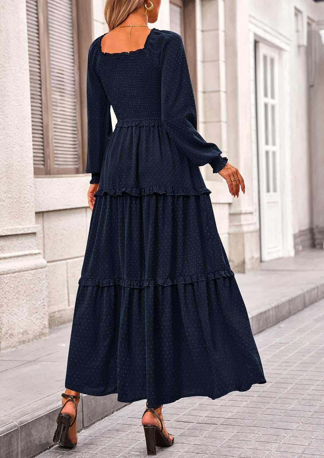 image:imagePRETTYGARDEN Womens Smocked Long Sleeve Maxi Dress Wedding Guest DressesNavy
