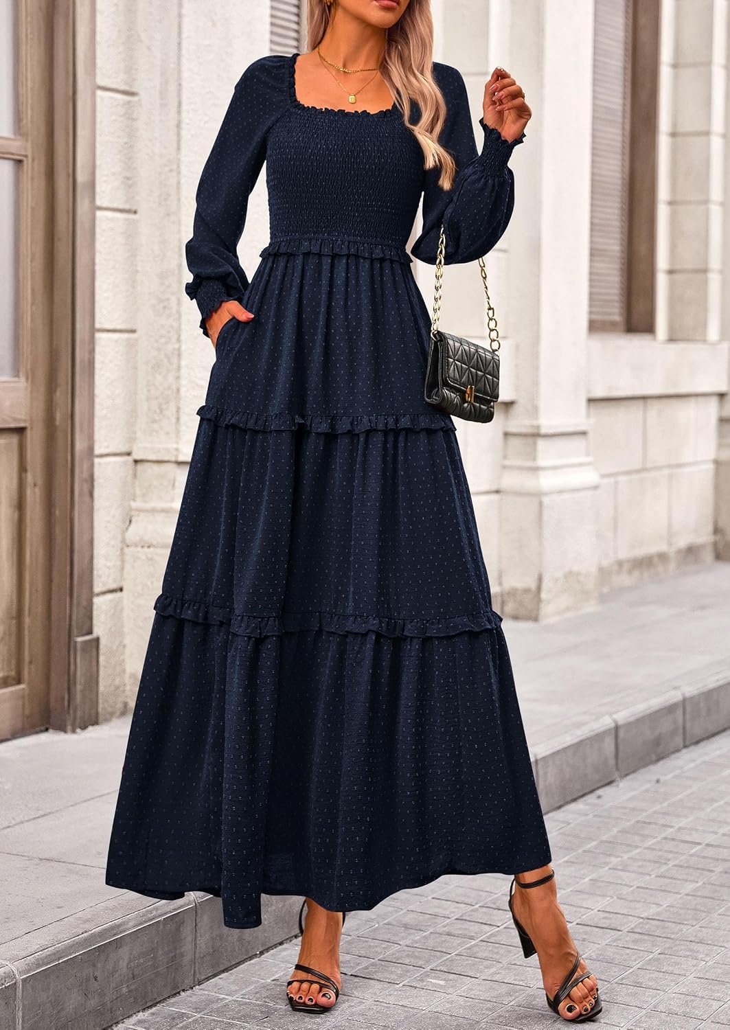 image:imagePRETTYGARDEN Womens Smocked Long Sleeve Maxi Dress Wedding Guest DressesNavy