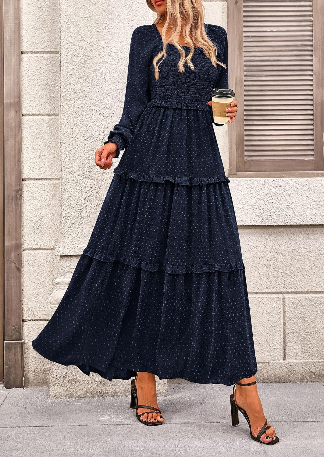 image:imagePRETTYGARDEN Womens Smocked Long Sleeve Maxi Dress Wedding Guest DressesNavy
