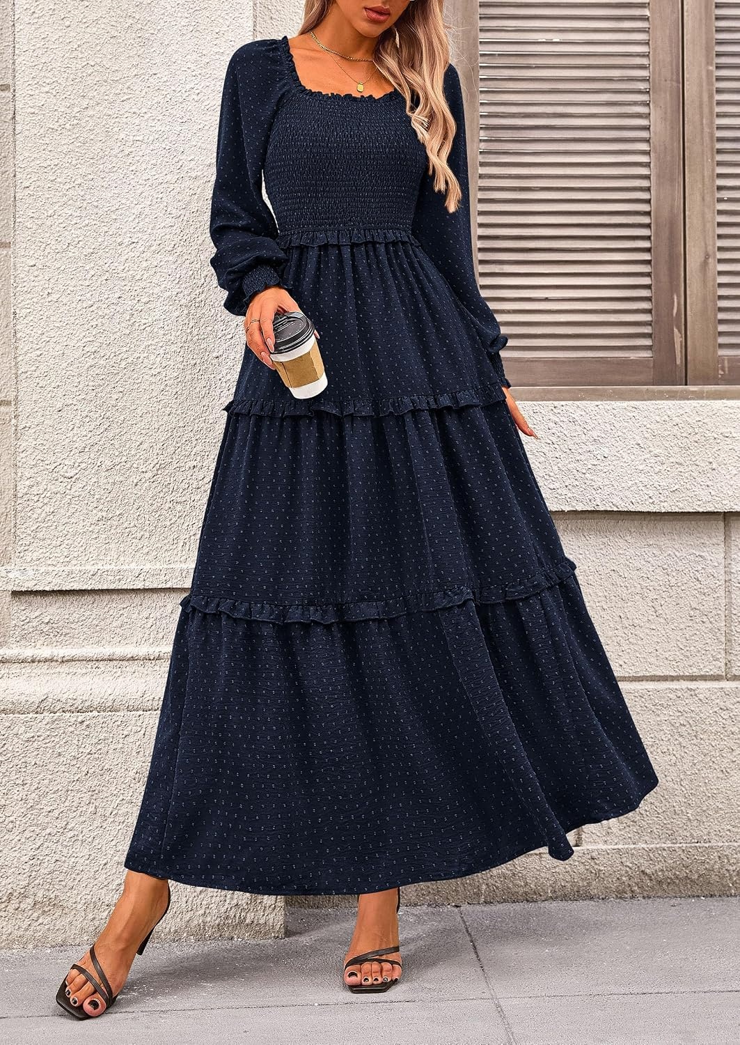 image:imagePRETTYGARDEN Womens Smocked Long Sleeve Maxi Dress Wedding Guest DressesNavy