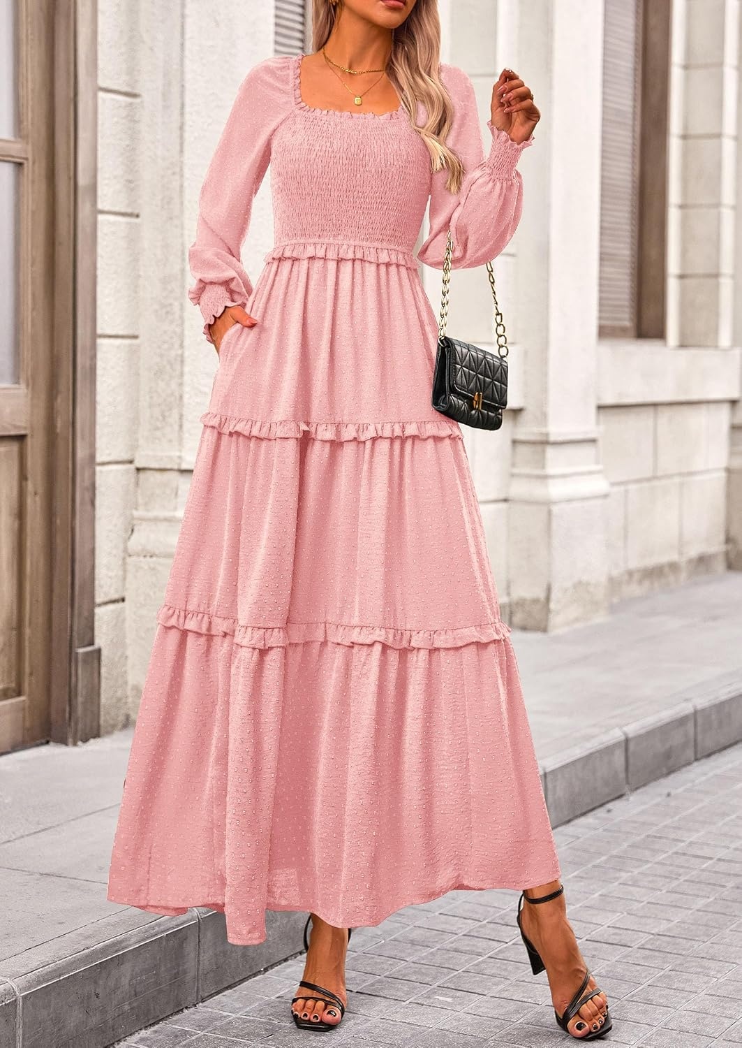 image:imagePRETTYGARDEN Womens Smocked Long Sleeve Maxi Dress Wedding Guest DressesPink