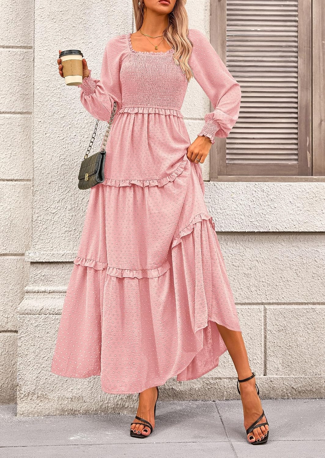 image:imagePRETTYGARDEN Womens Smocked Long Sleeve Maxi Dress Wedding Guest DressesPink