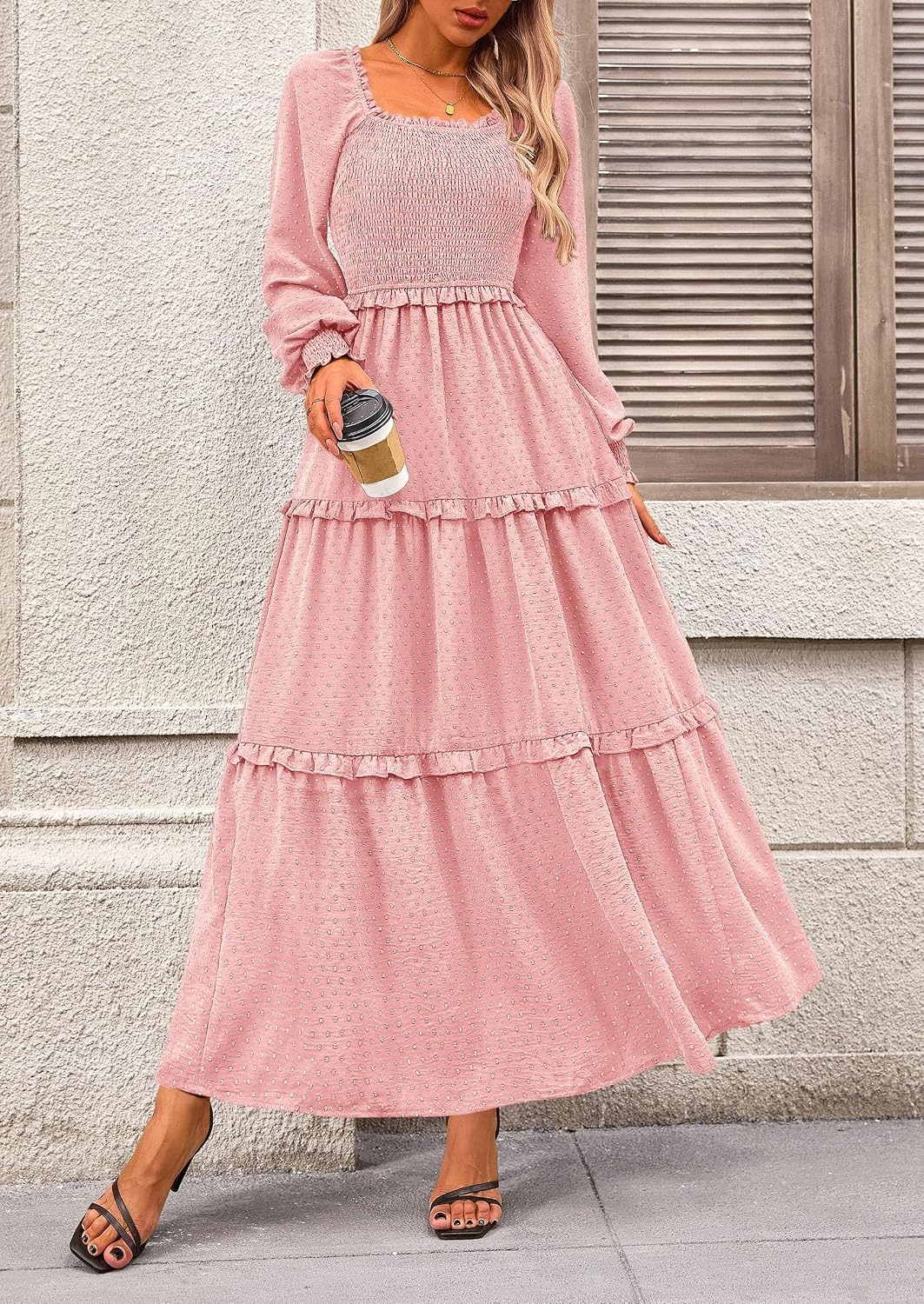 image:imagePRETTYGARDEN Womens Smocked Long Sleeve Maxi Dress Wedding Guest DressesPink